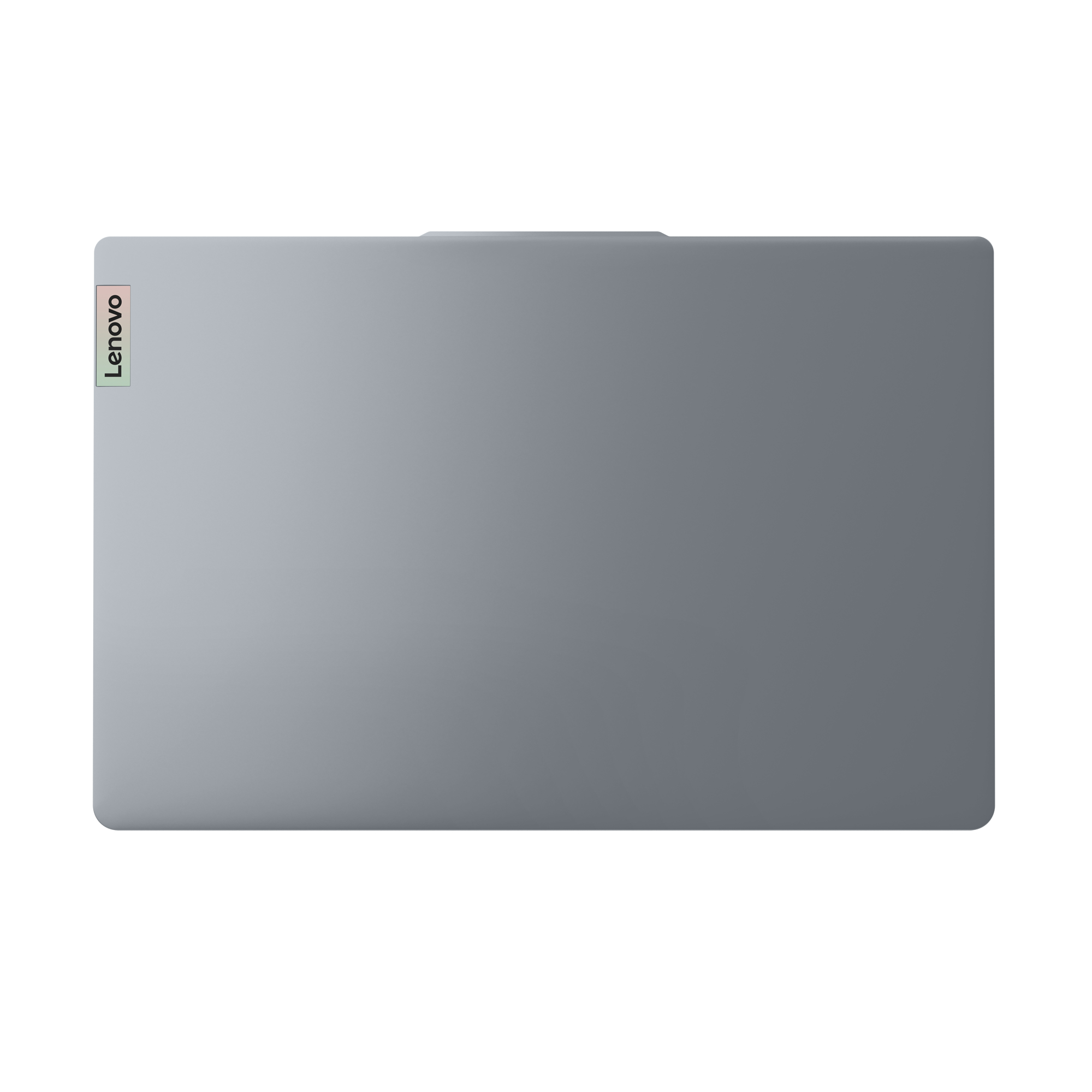 Un portátil Lenovo gris, cerrado, sobre fondo blanco. El logotipo de Lenovo es visible.
