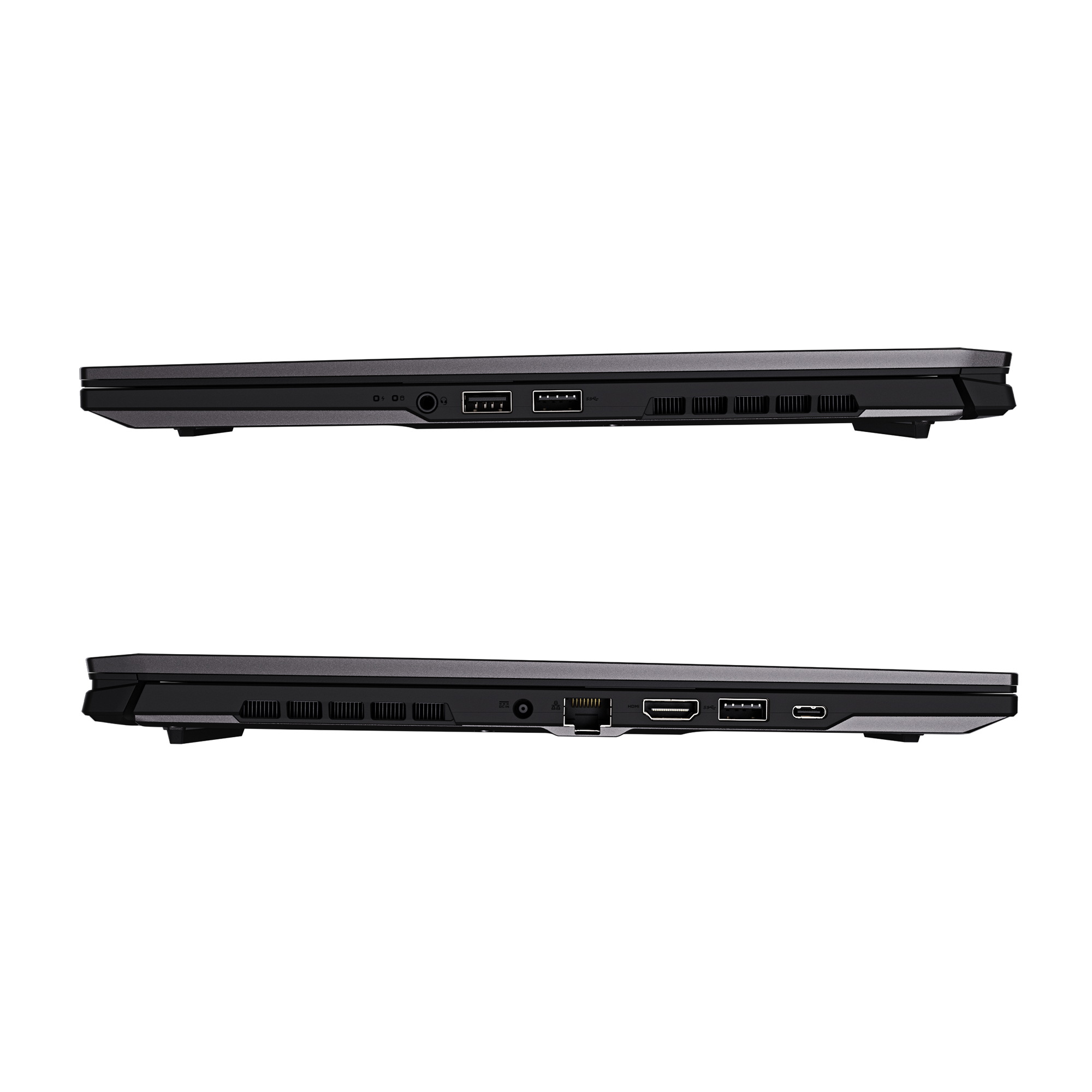 Widok z boku czarnego laptopa. Pokazuje porty audio, USB, HDMI i zasilania. Widoki z góry i z dołu są pokazane.