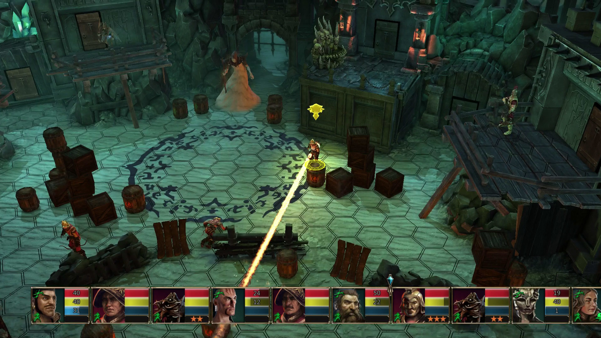 Una scena di gioco con personaggi, barili e strutture. Un personaggio spara un raggio. L'ambiente è un dungeon.
