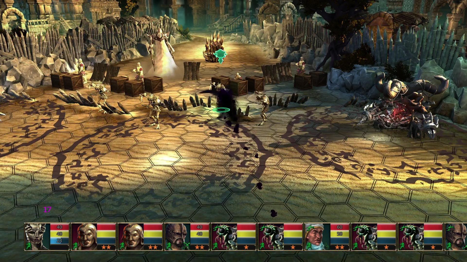 Una scena di gioco fantasy. I personaggi combattono su una griglia esagonale. Una figura in abito è in piedi vicino a un trono. Altre figure combattono.