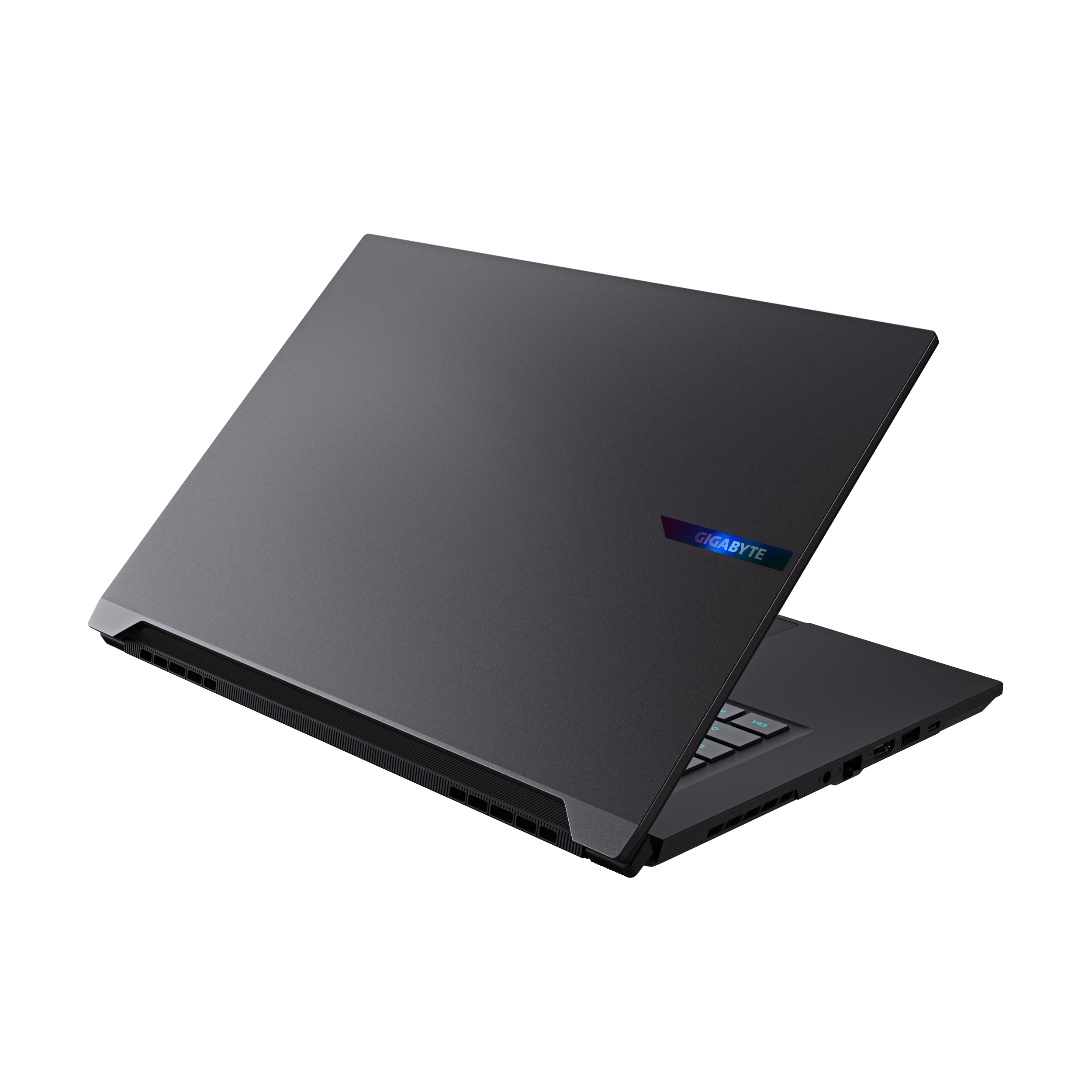 Ciemnoszary laptop na białym tle. Widoczna nazwa marki. Ekran jest otwarty.