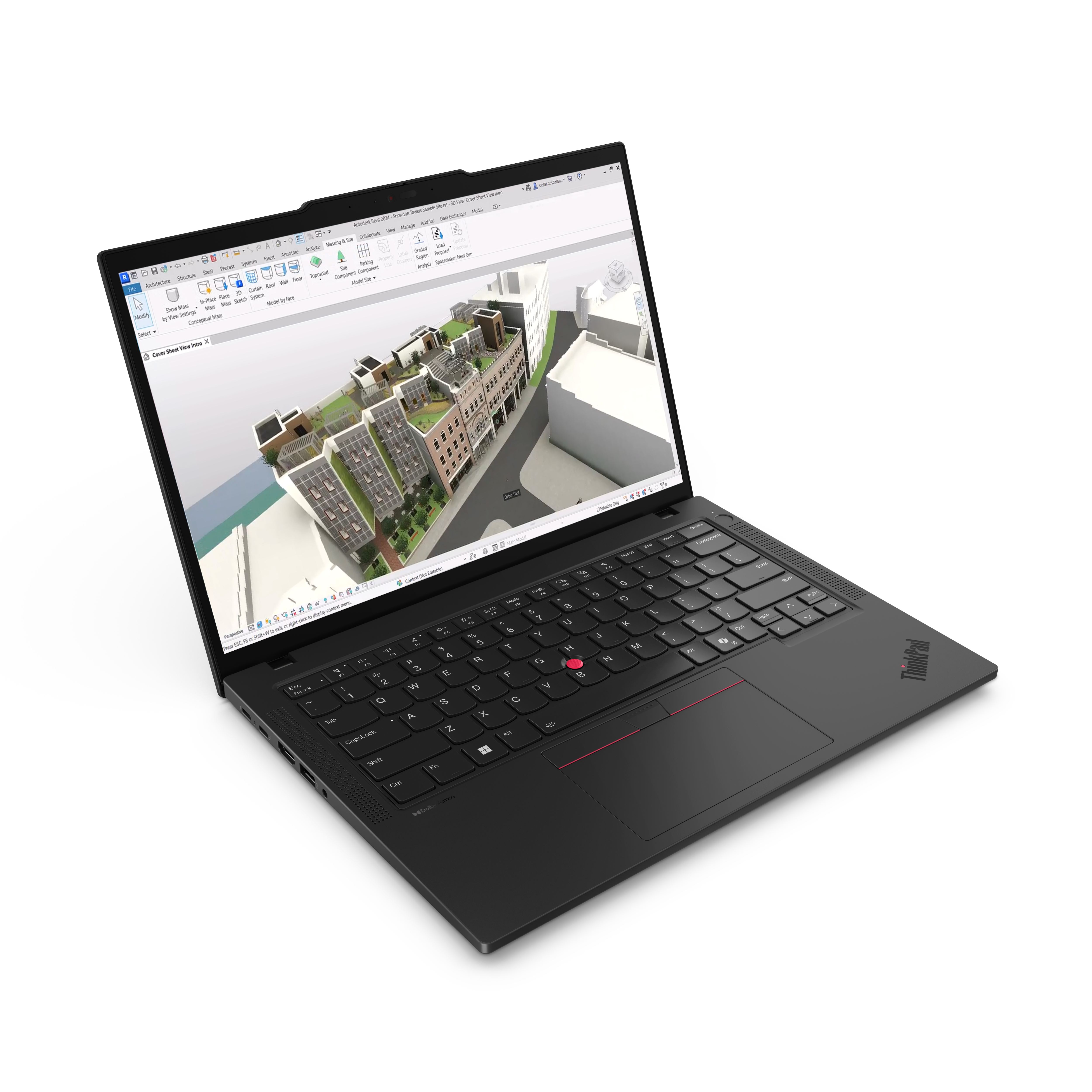 Czarny laptop wyświetla model architektoniczny 3D. Widoczna klawiatura. Białe tło.