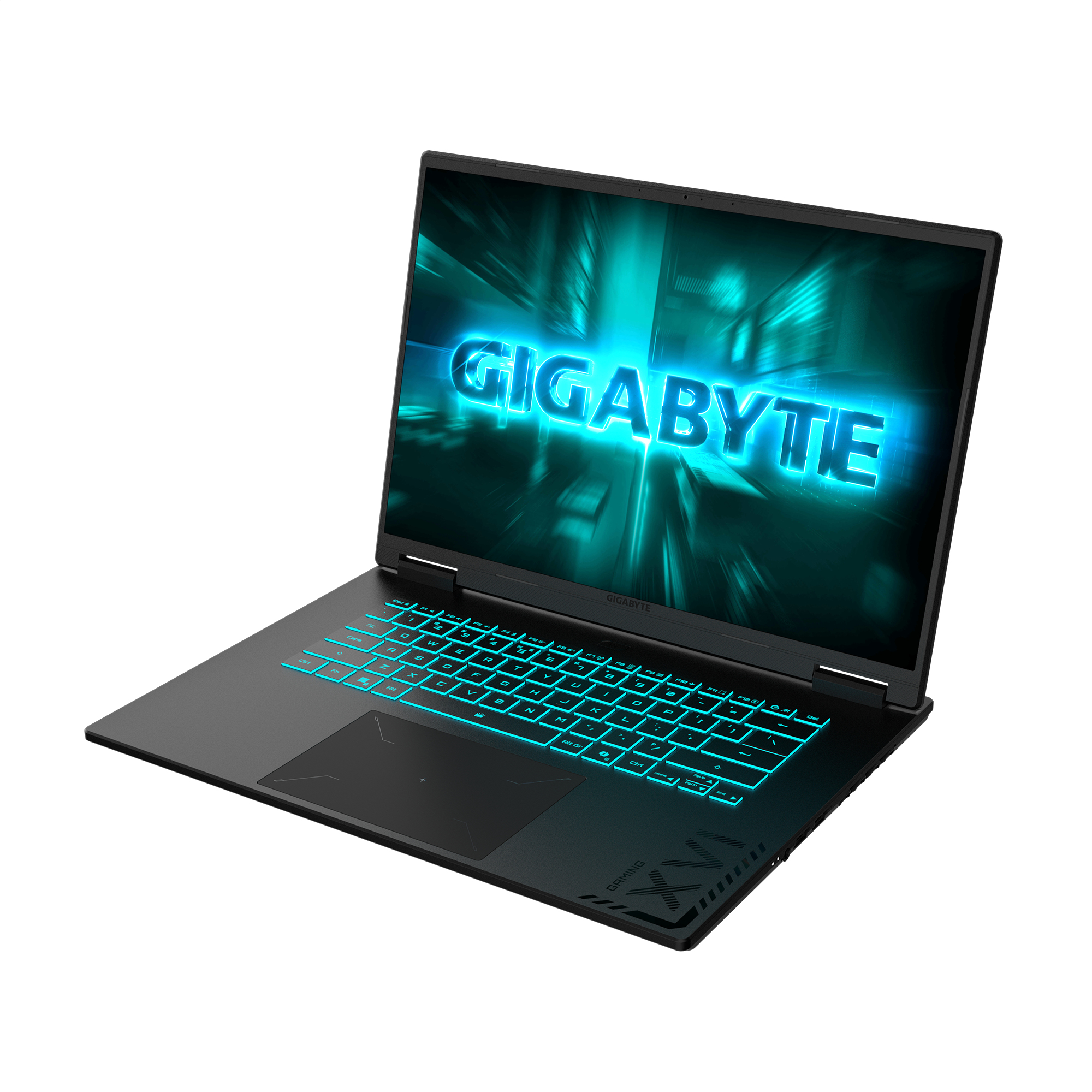 Laptop Gigabyte na białej powierzchni. Ekran wyświetla 'GIGABYTE' w niebieskim świetle. Klawiatura również jest podświetlona.