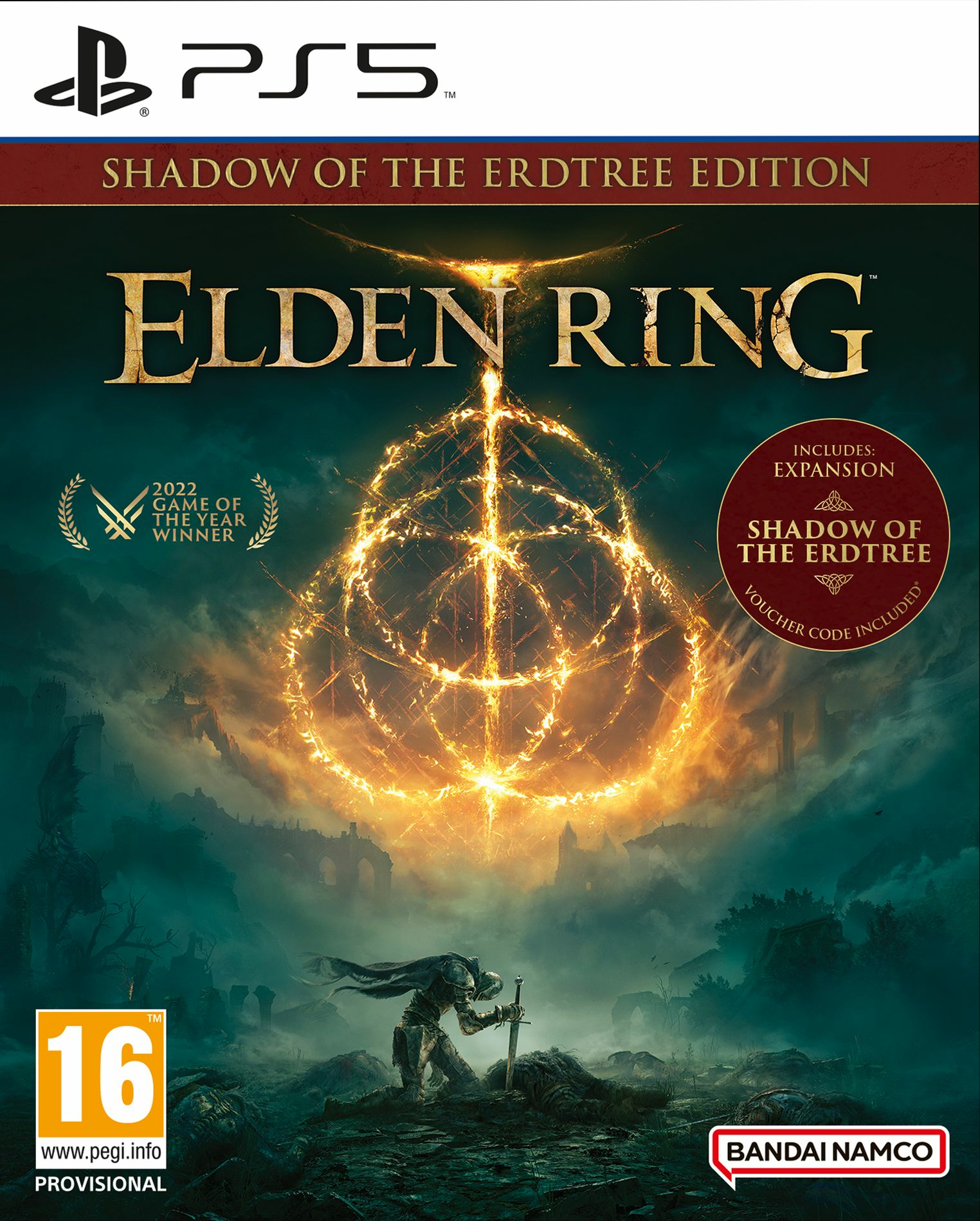 Elden Ring-Spielcover. Enthält den Spieletitel, eine Figur mit Schwert und einen feurigen Hintergrund. Inklusive Erweiterungsdetails.