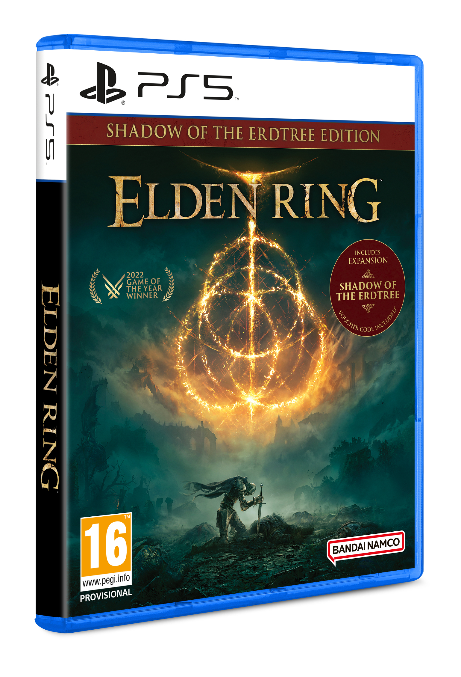 PS5-Spielhülle für Elden Ring. Zeigt einen Krieger vor einem leuchtenden Baum, Spieletitel und PEGI 16 Bewertung.