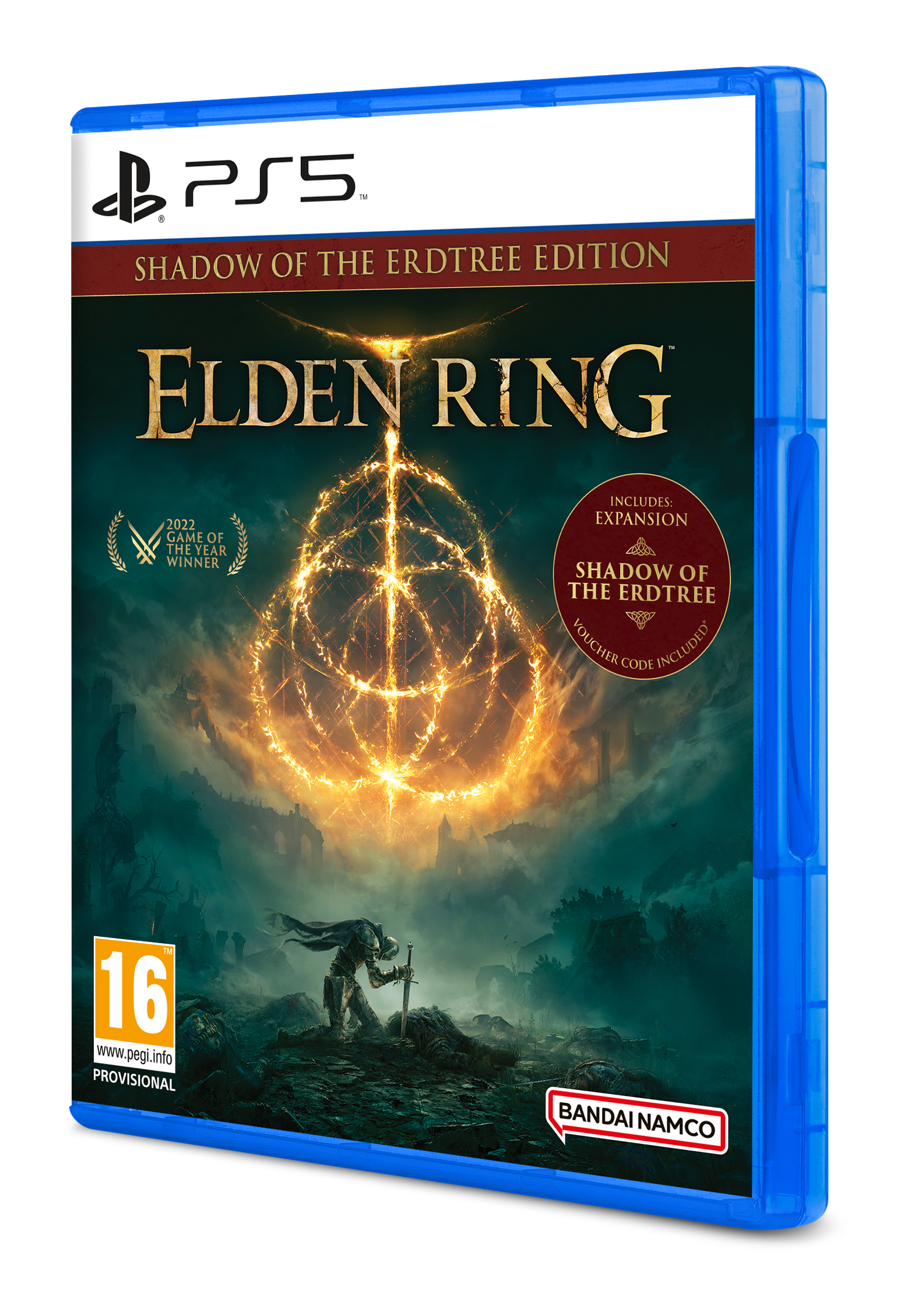 Elden Ring: Shadow of the Erdtree Edition für PS5. Zeigt einen Krieger mit Schwert vor Fantasy-Hintergrund.