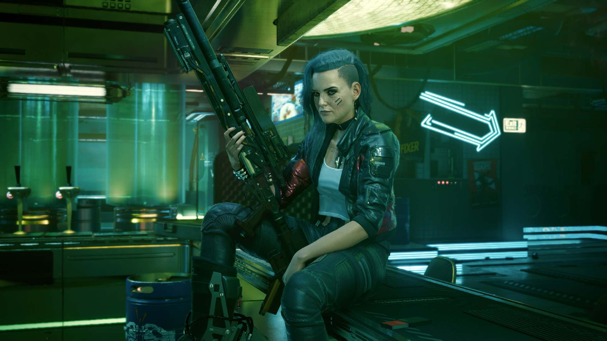 Mujer con pelo azul y un arma grande sentada en una barra. El fondo es un bar futurista con luces de neón.