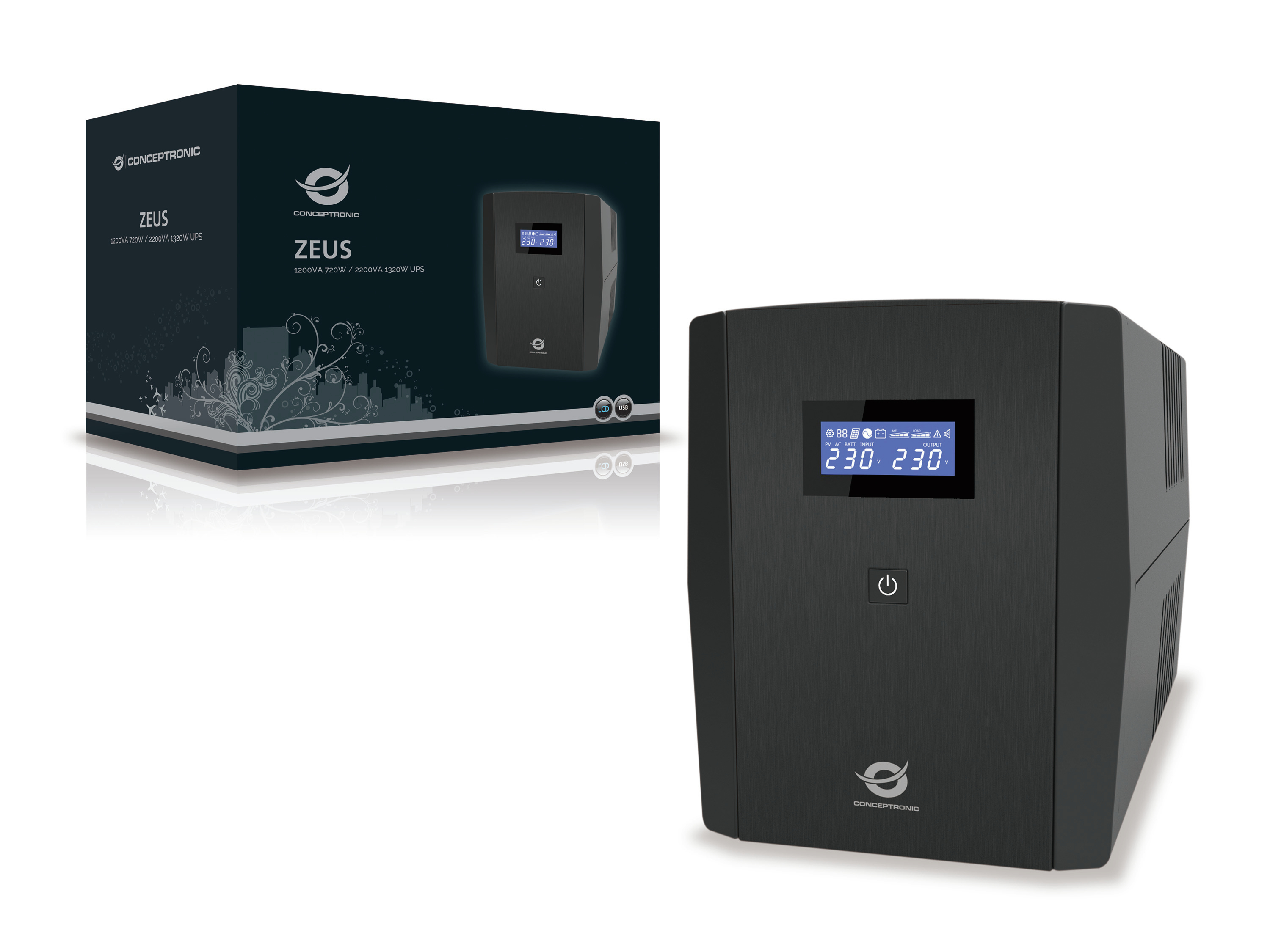 Schwarze USV mit Anzeige 230V. Links eine Box mit Produktinformationen.