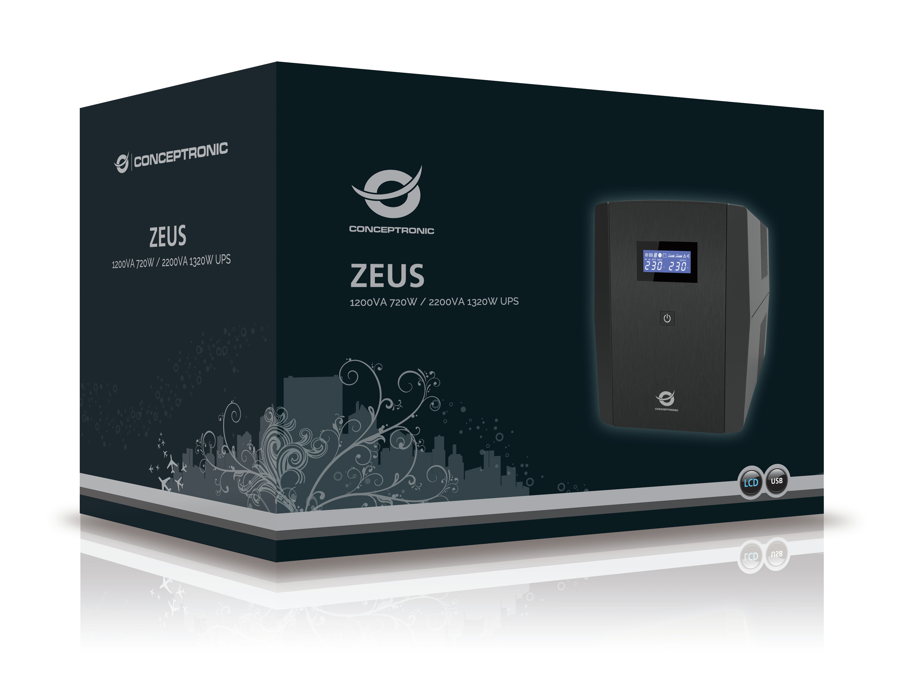 Karton mit USV, Marke Conceptronic Zeus. Die Box hat eine schwarze Front und ein Display mit Spannung.