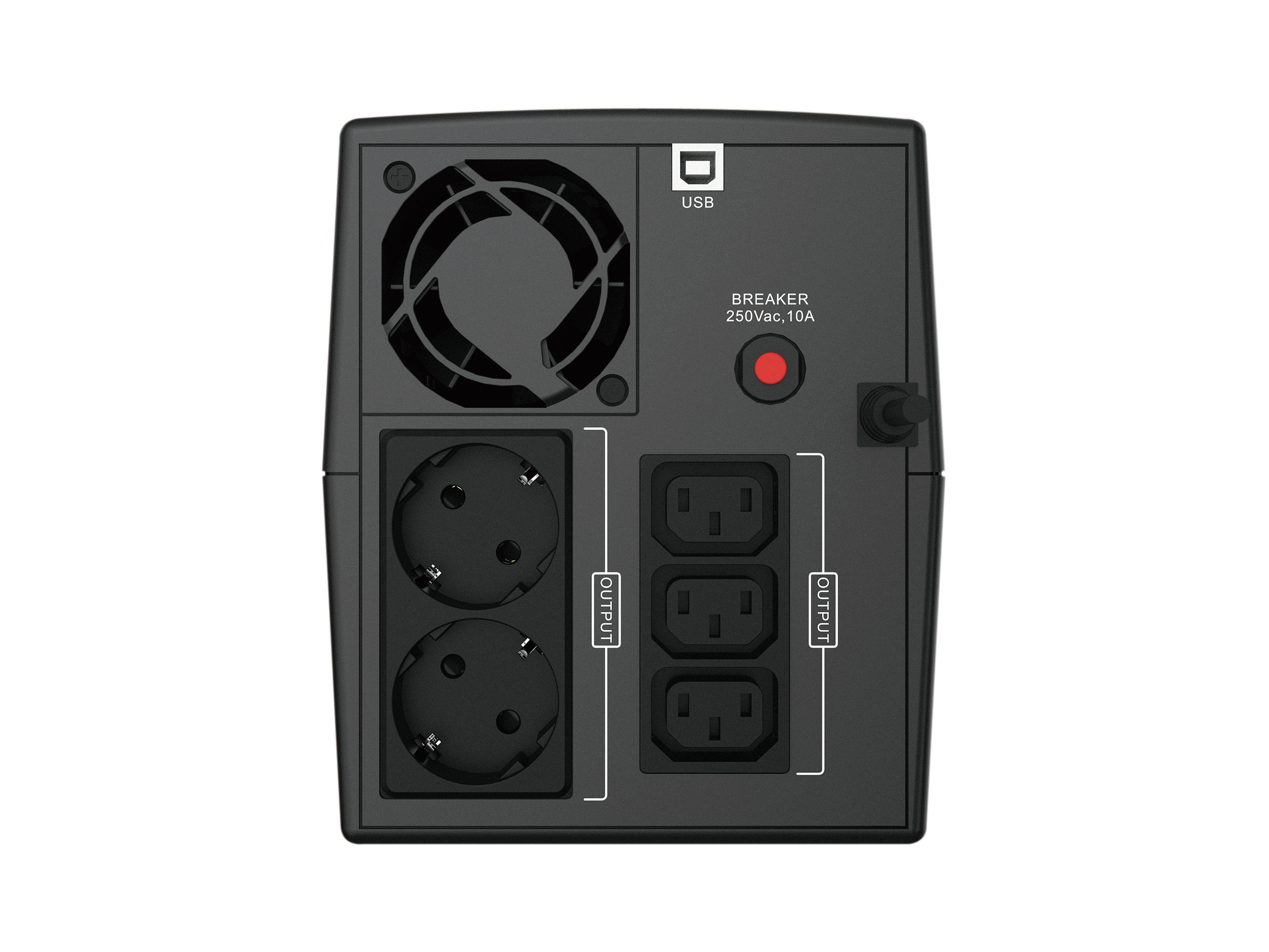 Rückansicht einer schwarzen USV mit USB-Anschluss, Sicherung und Stromausgängen. Oben links ist ein Lüfter zu sehen.