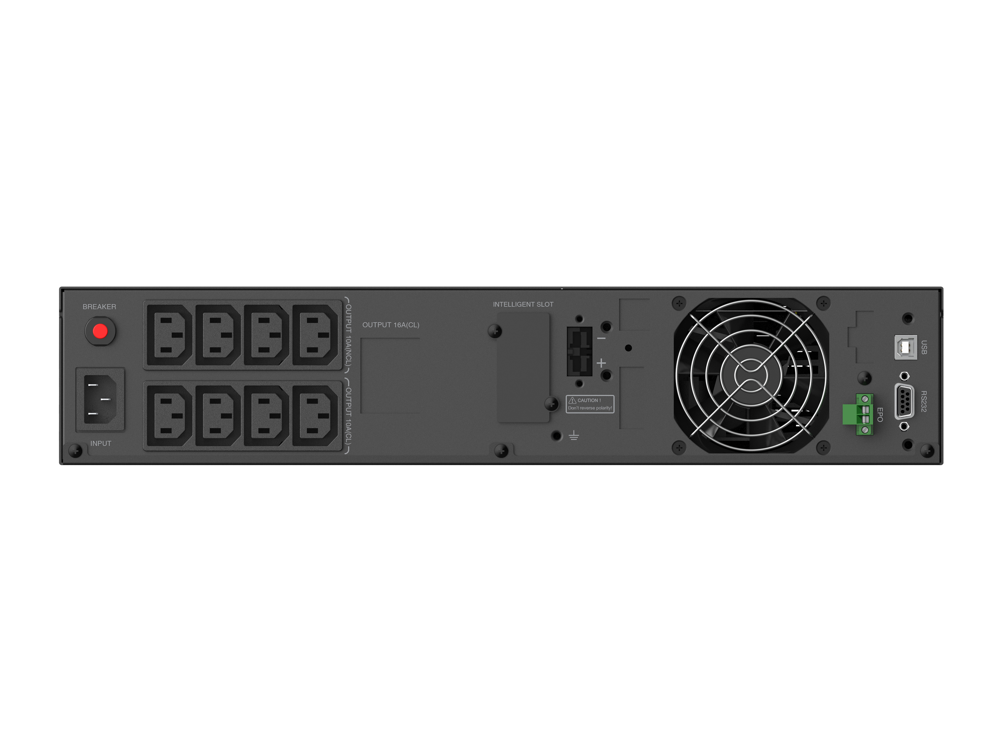 Schwarzes USV-Gerät mit mehreren Steckdosen, einem Lüfter und verschiedenen Anschlüssen. Beschriftungen umfassen Breaker, Input und Output.