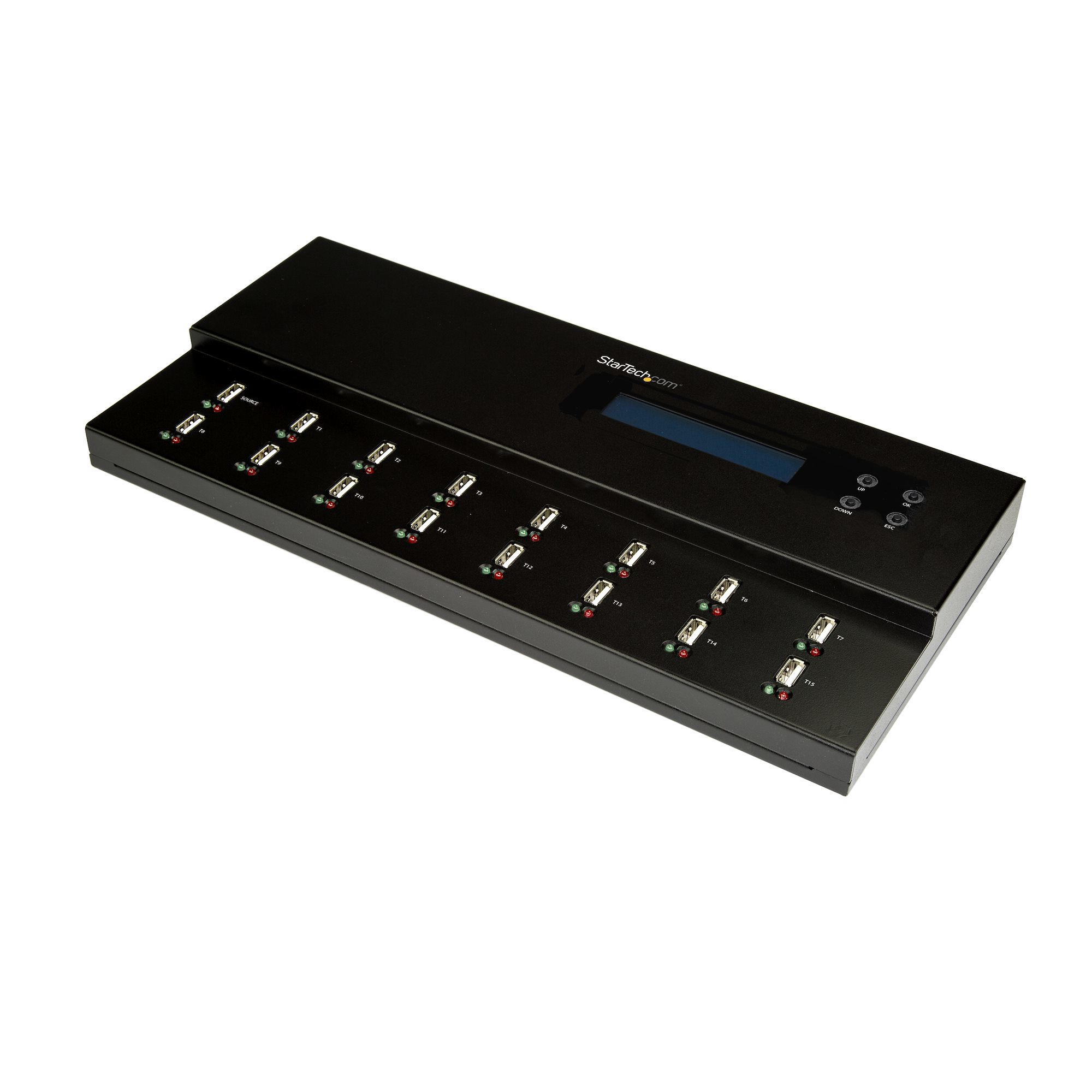 Schwarzer StarTech USB-Hub mit mehreren Anschlüssen, Statusanzeigen und einem kleinen Display. Bedientasten oben.