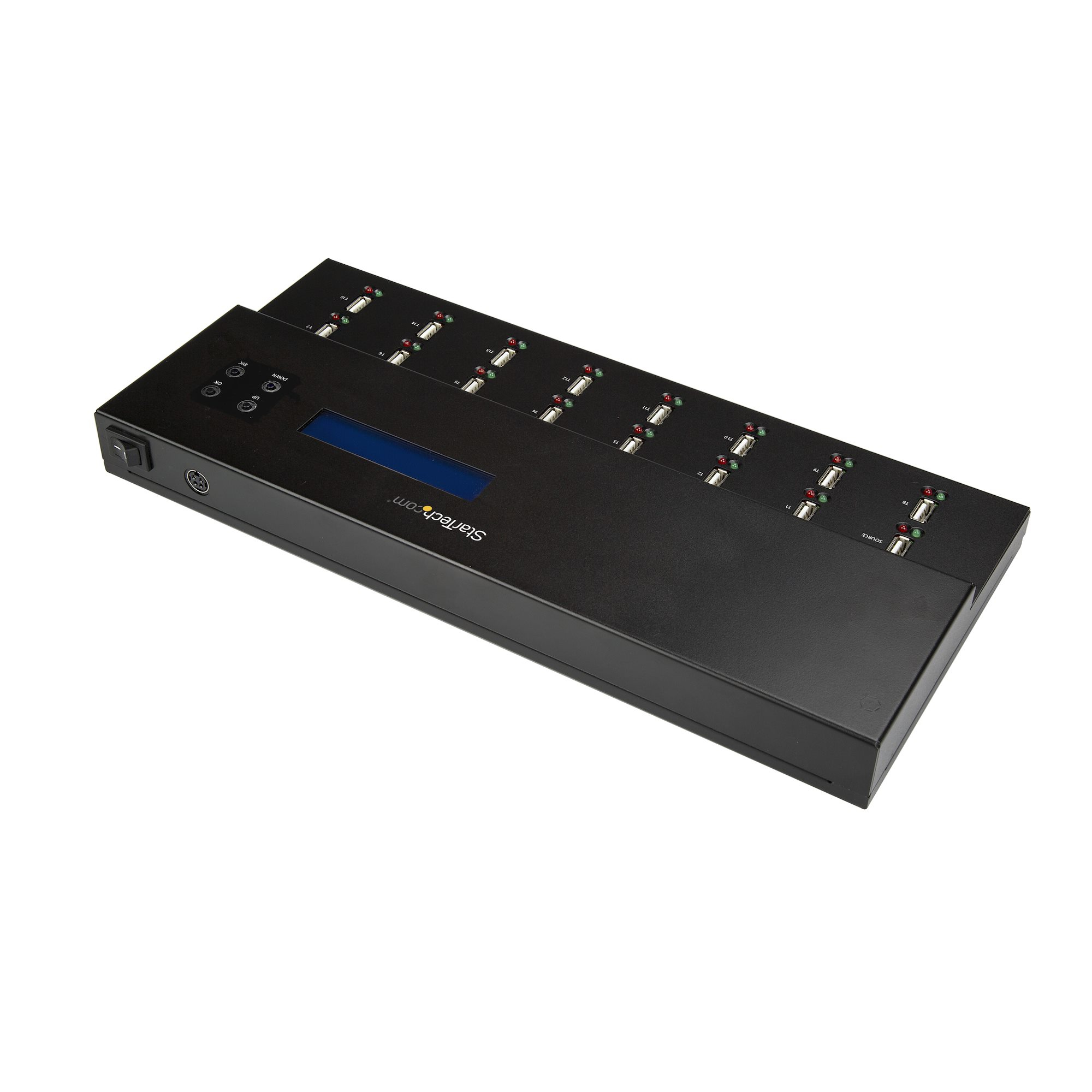 Schwarzer USB-Hub mit mehreren Anschlüssen, Netzschalter und kleinem Display. Der Markenname StarTech.com ist sichtbar.