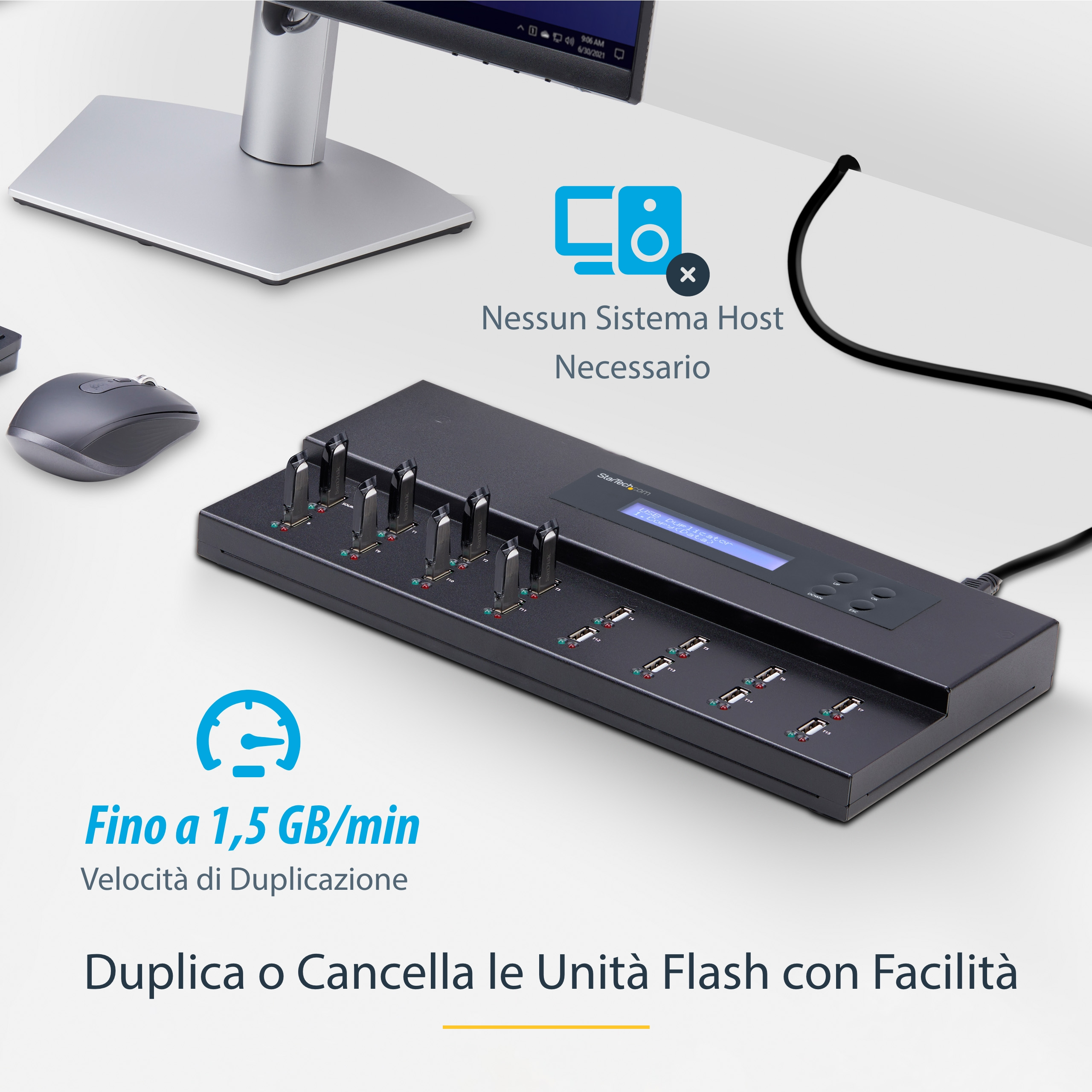 Ein schwarzer USB-Duplikator mit mehreren USB-Anschlüssen, einem Monitor, einer Maus und Text auf Italienisch.