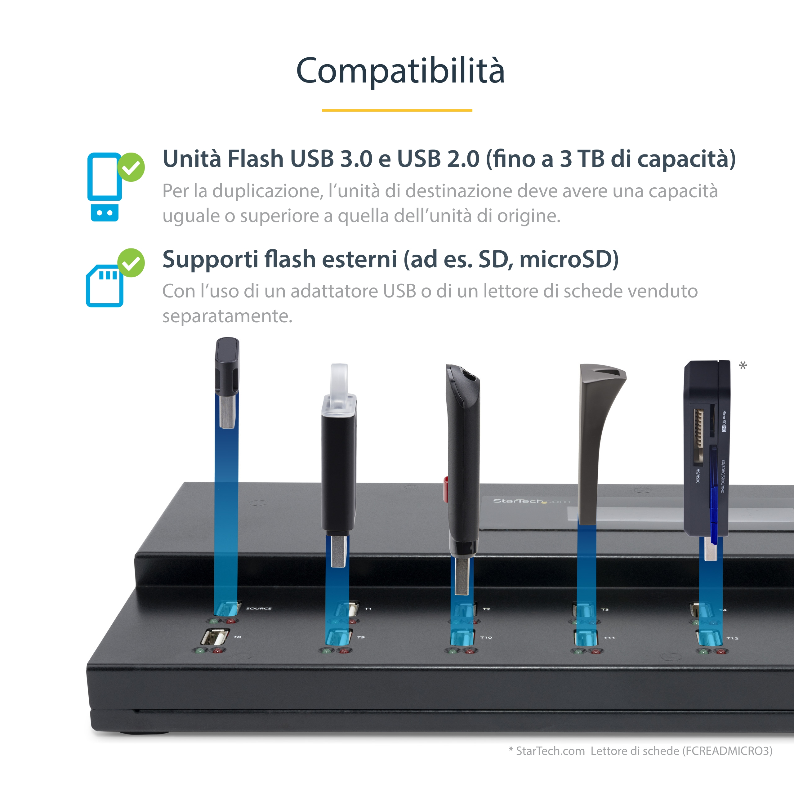 Schwarzes Gerät mit USB-Anschlüssen und angeschlossenen Flash-Laufwerken. Text enthält Kompatibilitäts- und Flash-Laufwerk-Infos.