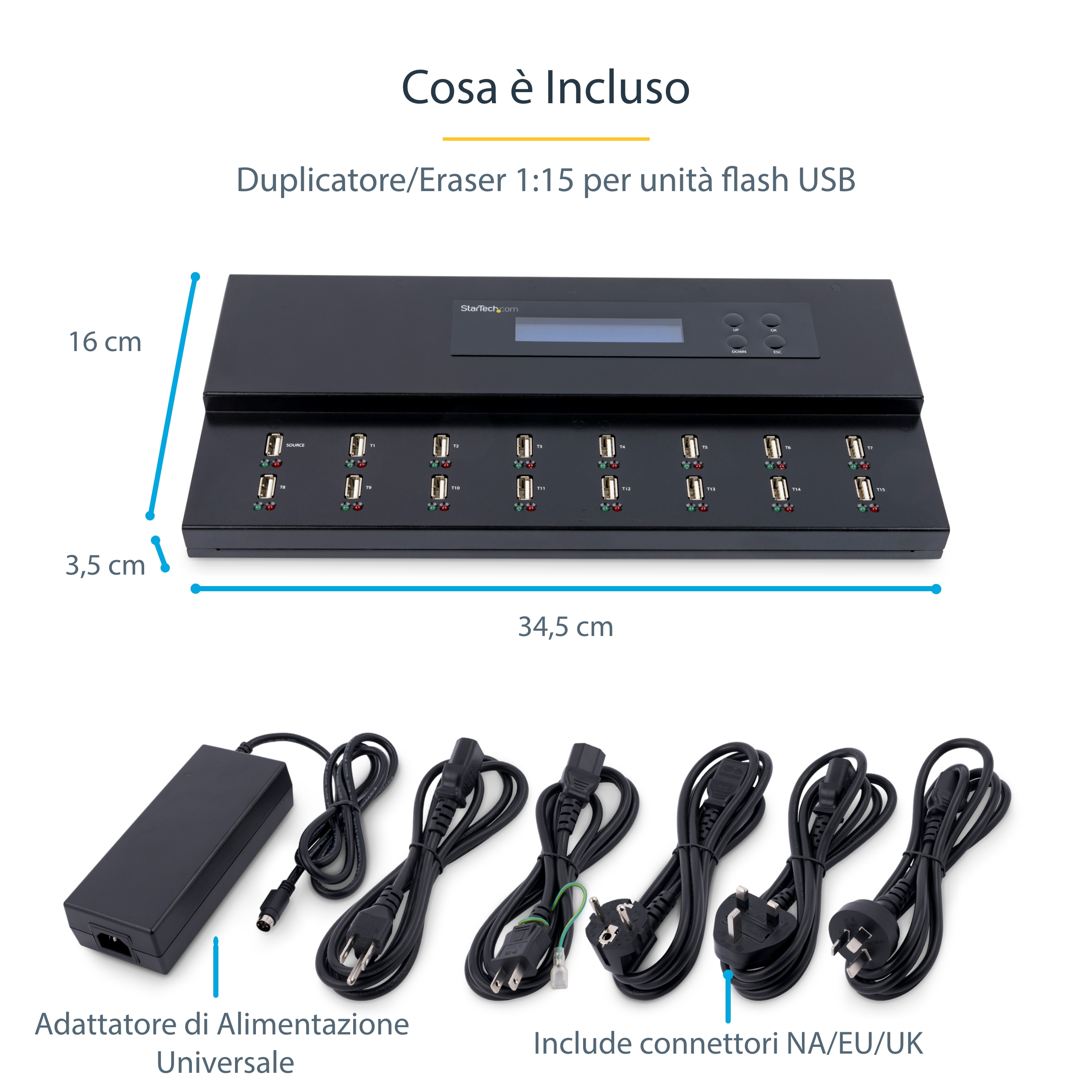 Ein schwarzer USB-Duplikator mit 15 Anschlüssen, Netzteil und verschiedenen Netzkabeln sind sichtbar.