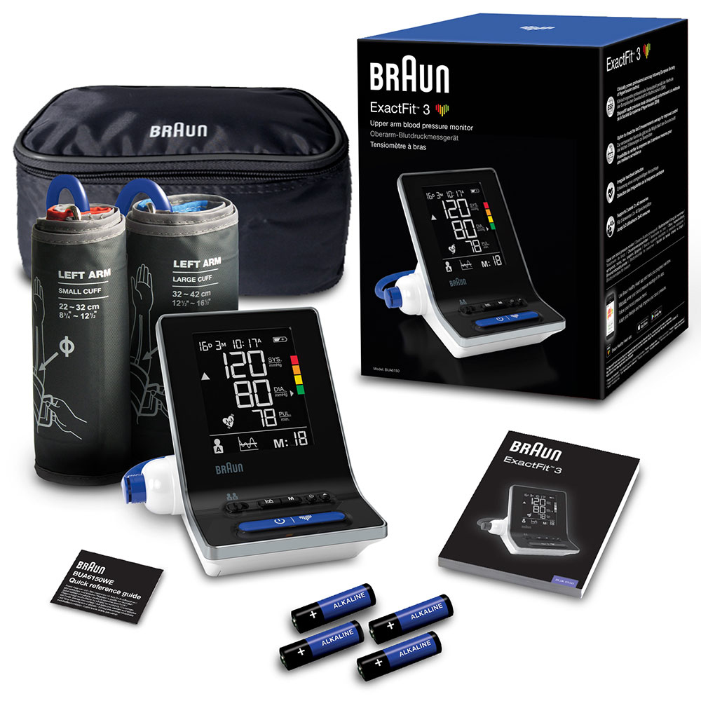 Kit de monitor de presión arterial Braun ExactFit 3. Incluye monitor, manguitos, bolsa, pilas y guía. Blanco y negro.