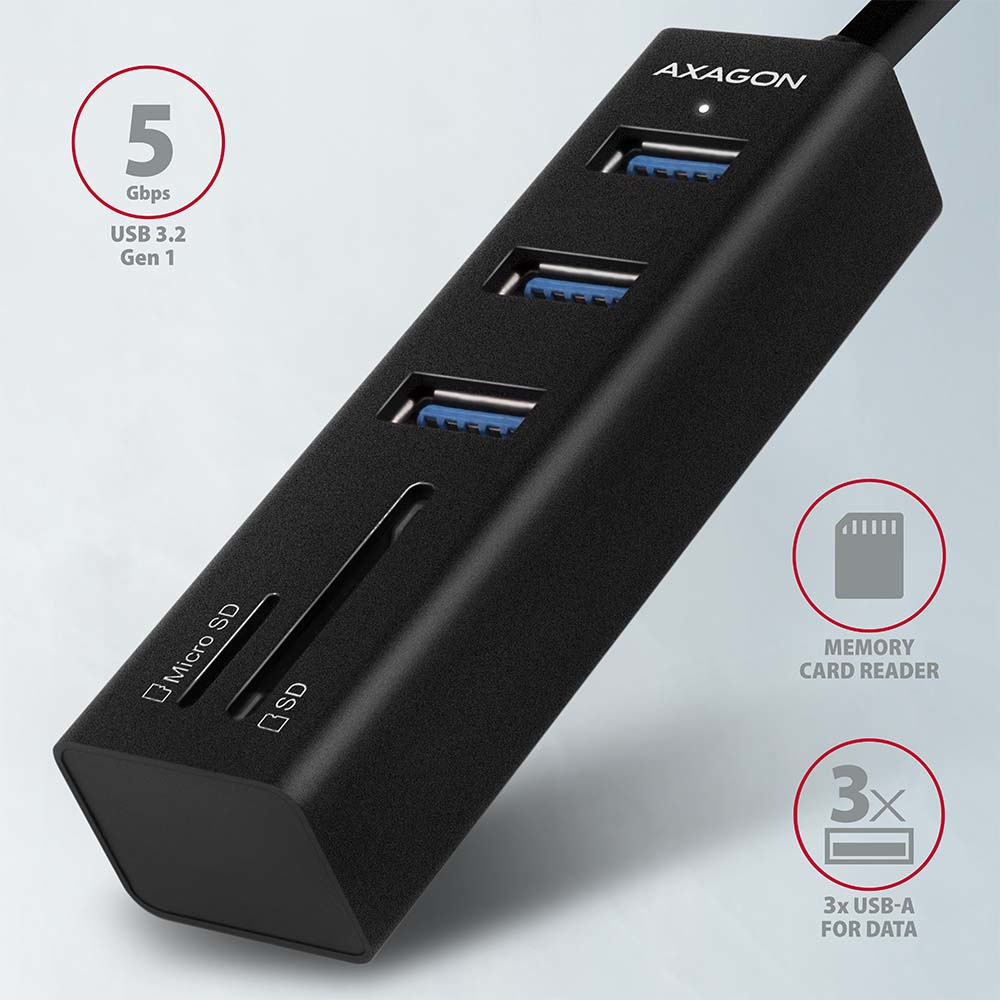 Schwarzer Axagon USB-Hub mit 3 USB-Anschlüssen, SD-Kartenleser und Micro-SD-Steckplatz. Details umfassen Geschwindigkeit und USB-Typ-Informationen.