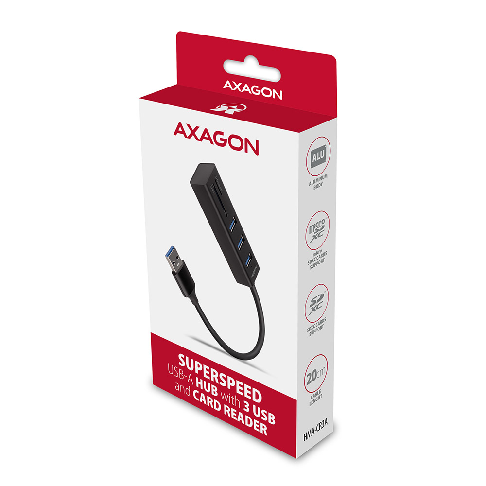 Eine weiße Schachtel mit einem schwarzen USB-Hub. Die Box hat rote Akzente und Text. Der Hub ist mit 'SUPERSPEED USB-A HUB with 3 USB and CARD READER' beschriftet.