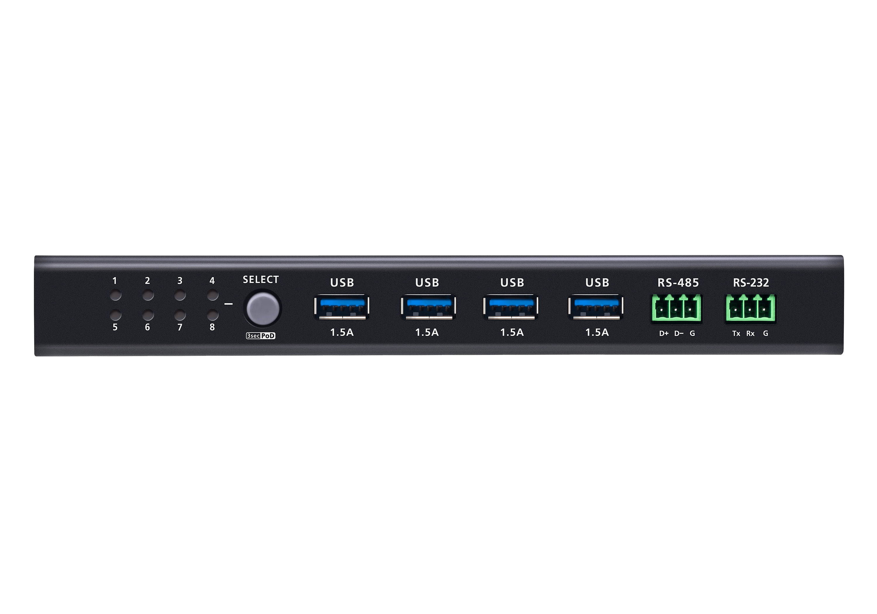 Zwart apparaat met USB, RS-485 en RS-232 poorten. Het heeft genummerde selectieknoppen en tekstlabels.
