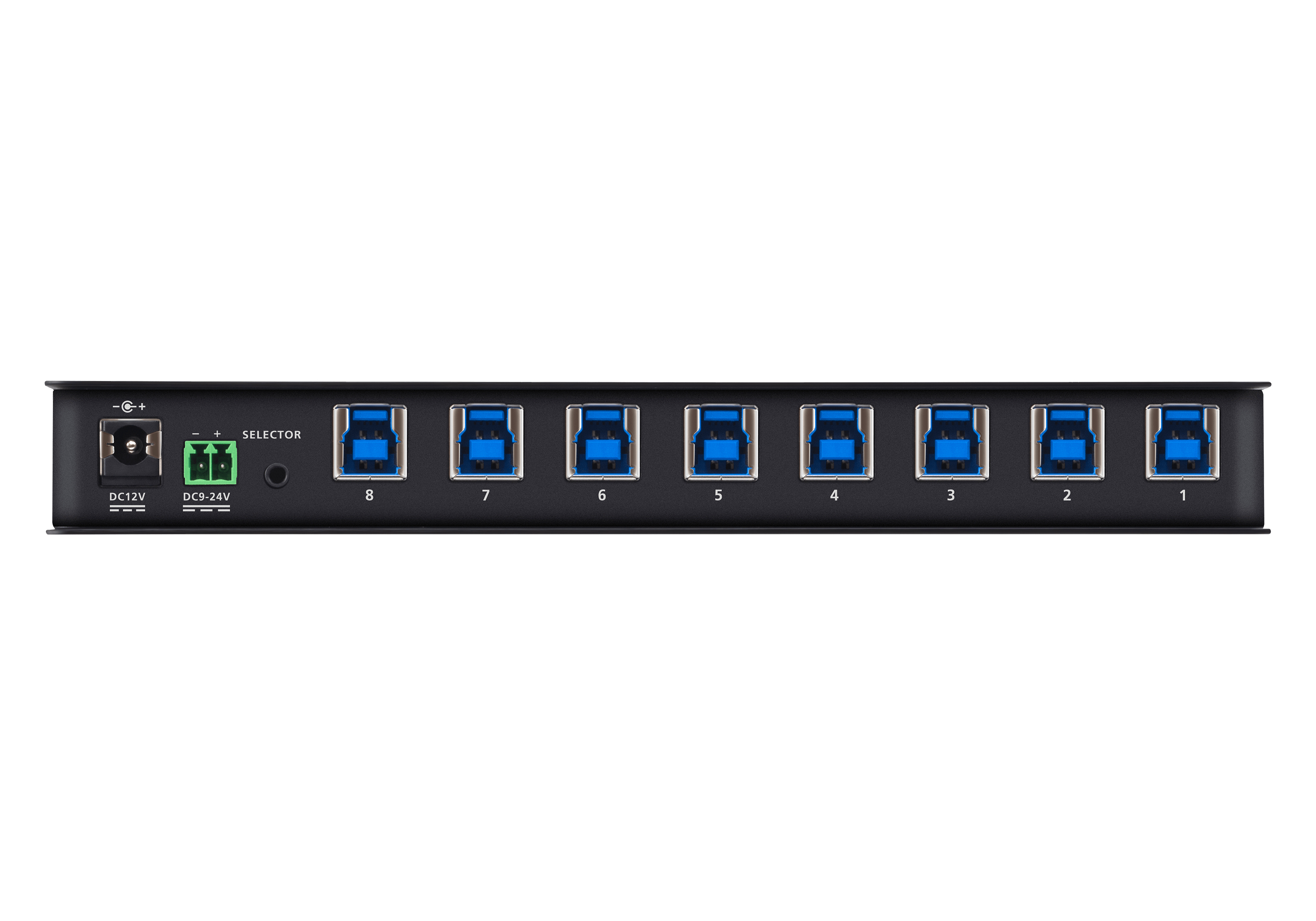 Een zwarte USB-hub met 8 blauwe USB-poorten. Het heeft stroom- en selectiepoorten.