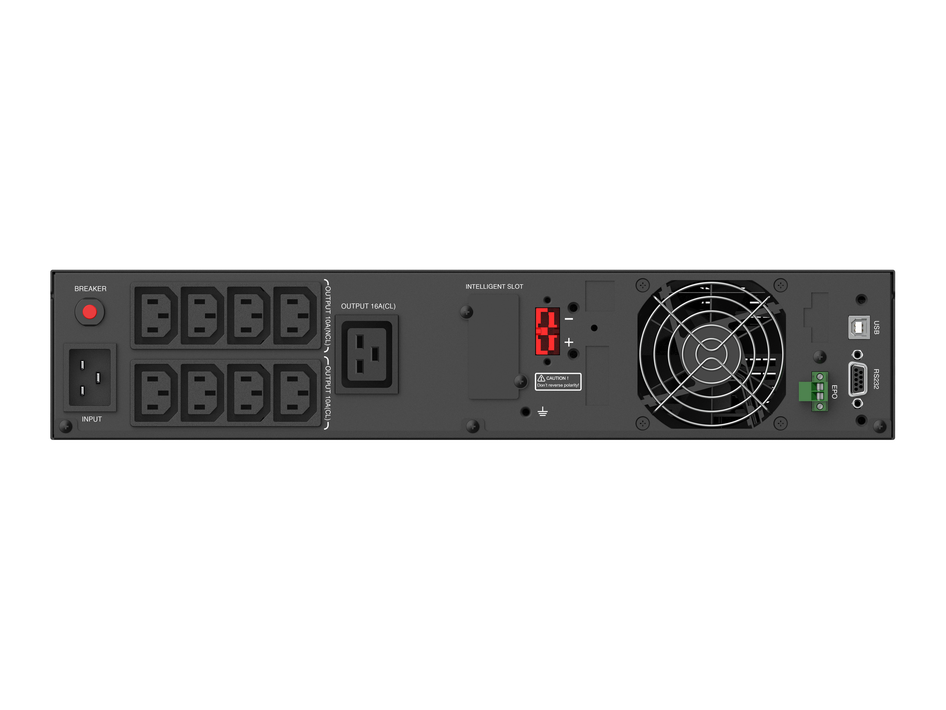 Schwarzes Netzteil mit mehreren Steckdosen, einem Lüfter und verschiedenen Anschlüssen. Es hat ein rotes LED-Display.