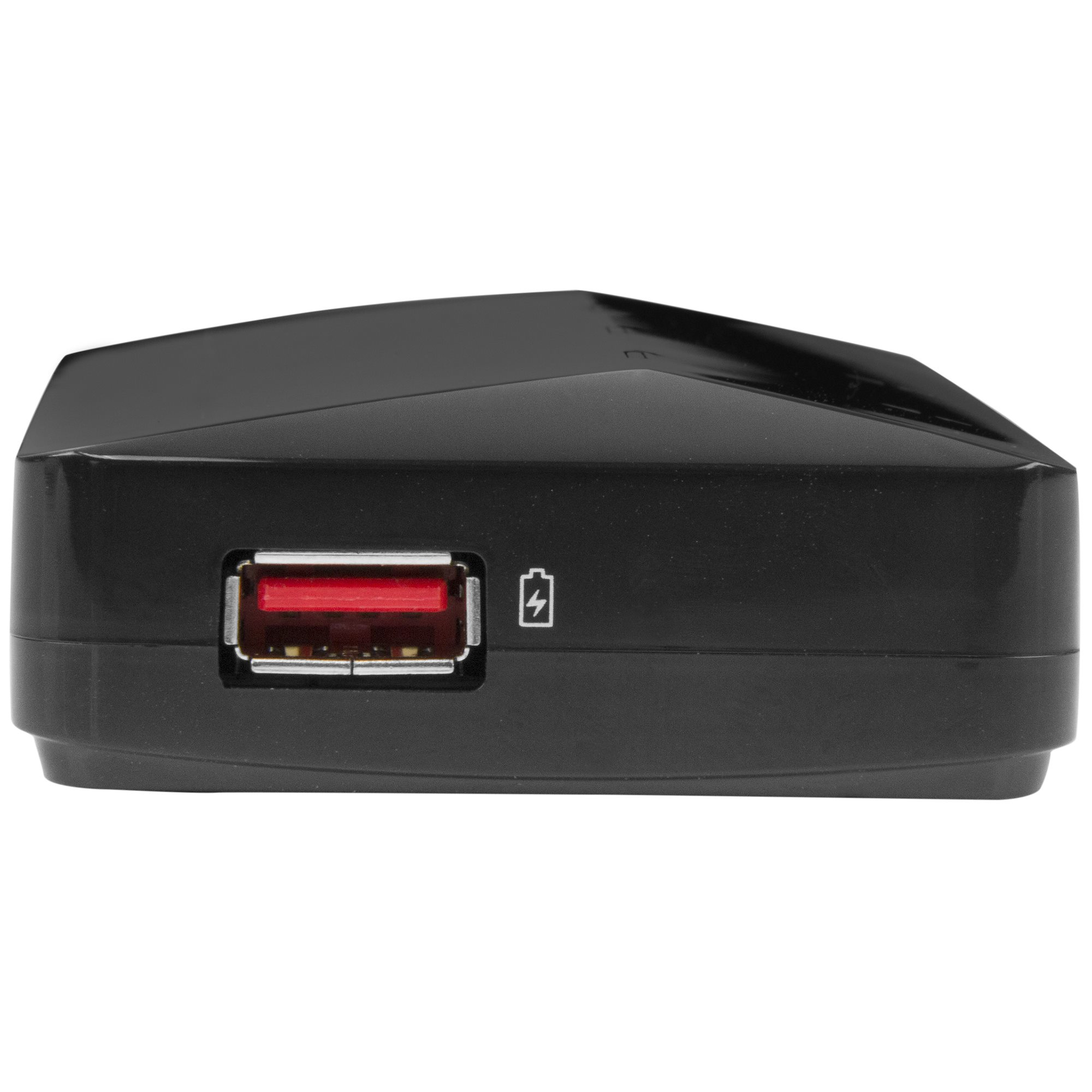 Un concentrador USB negro con un puerto USB rojo y un símbolo de batería. El concentrador está sobre un fondo blanco.