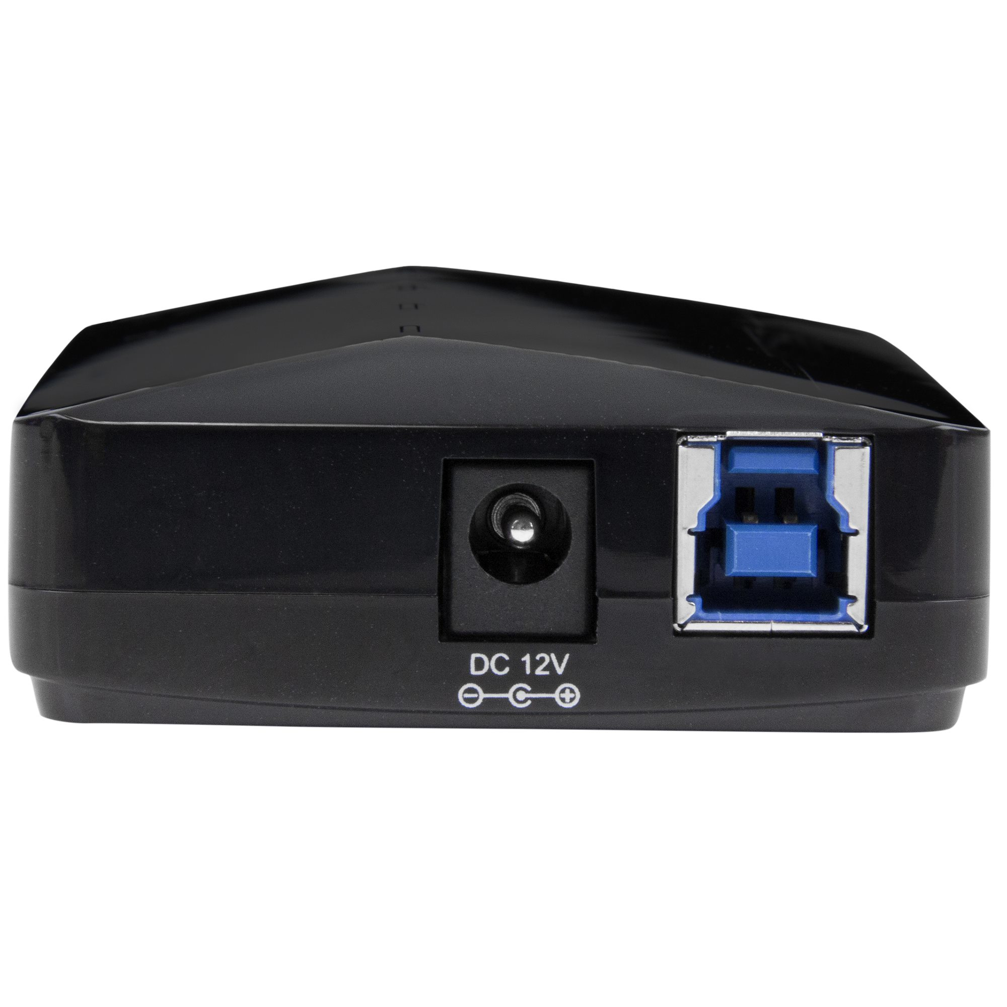 Dispositivo negro con puertos de alimentación y USB. Etiqueta DC 12V visible. Puerto USB azul.