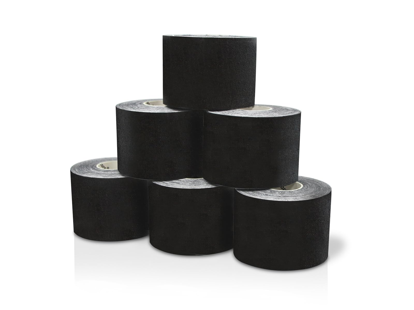 Seis rollos negros de cinta atlética apilados en forma de pirámide sobre fondo blanco.