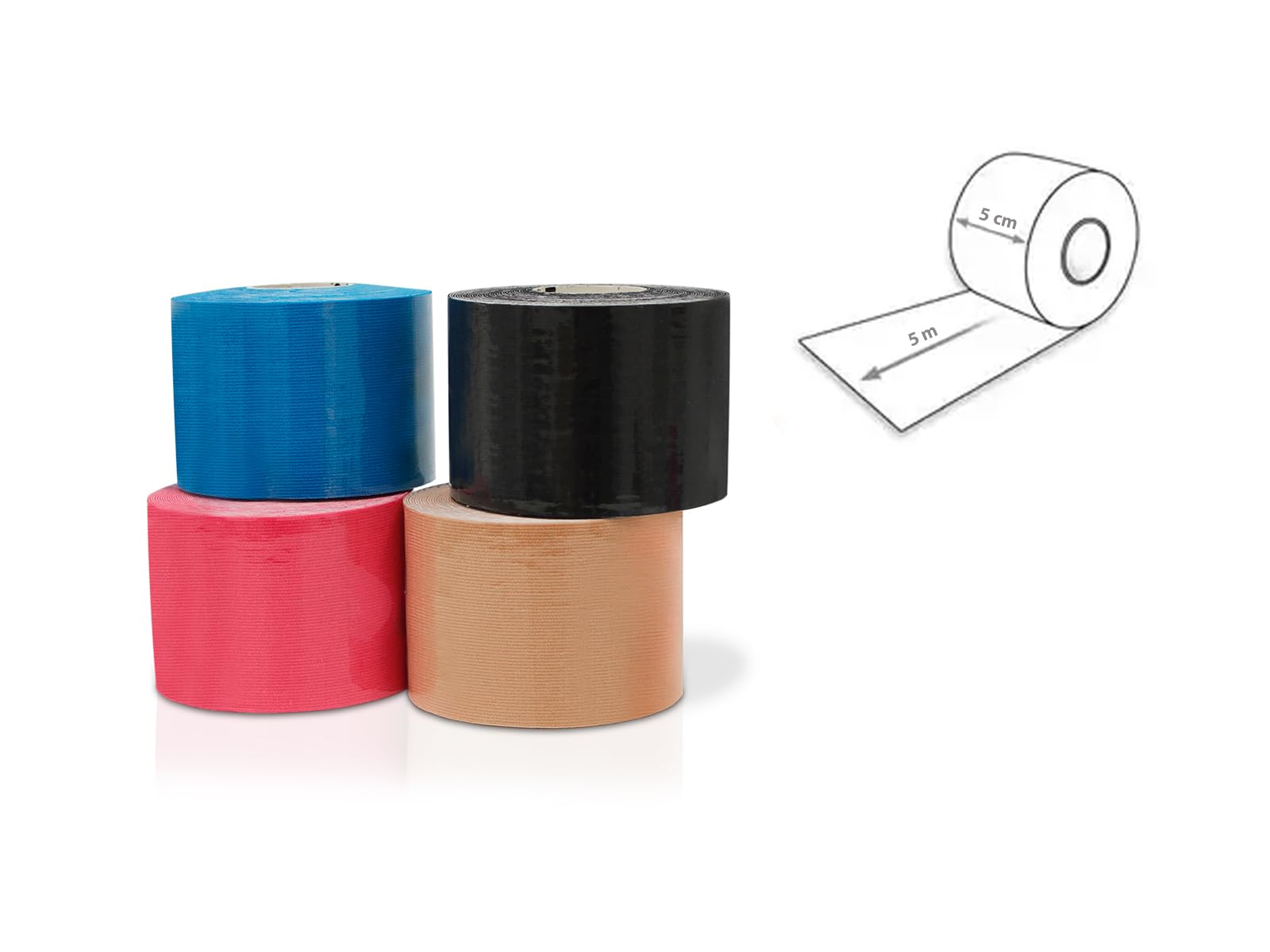 Cuatro rollos de cinta de kinesiología en azul, negro, rosa y beige. Un diagrama muestra las dimensiones: 5 cm de ancho, 5 m de largo.