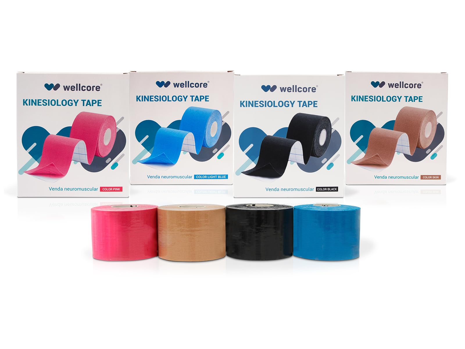 Cuatro cajas y rollos de cinta de kinesiología en rosa, azul claro, negro y color piel, con rollos a juego debajo.