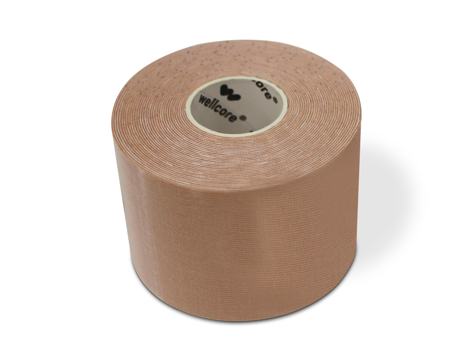 Un rollo de cinta atlética beige con la marca 'wellcore' en el centro. El fondo es blanco con una sombra.