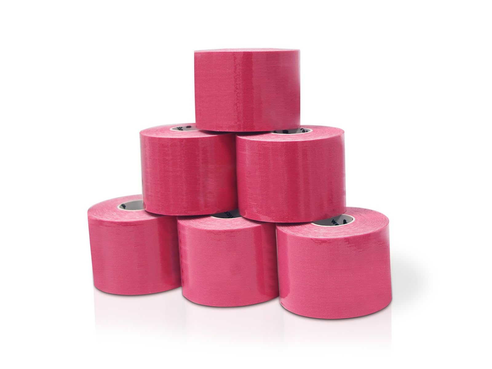 Seis rollos de cinta atlética rosa apilados en forma de pirámide. Fondo blanco con sombra. Cada rollo es cilíndrico.