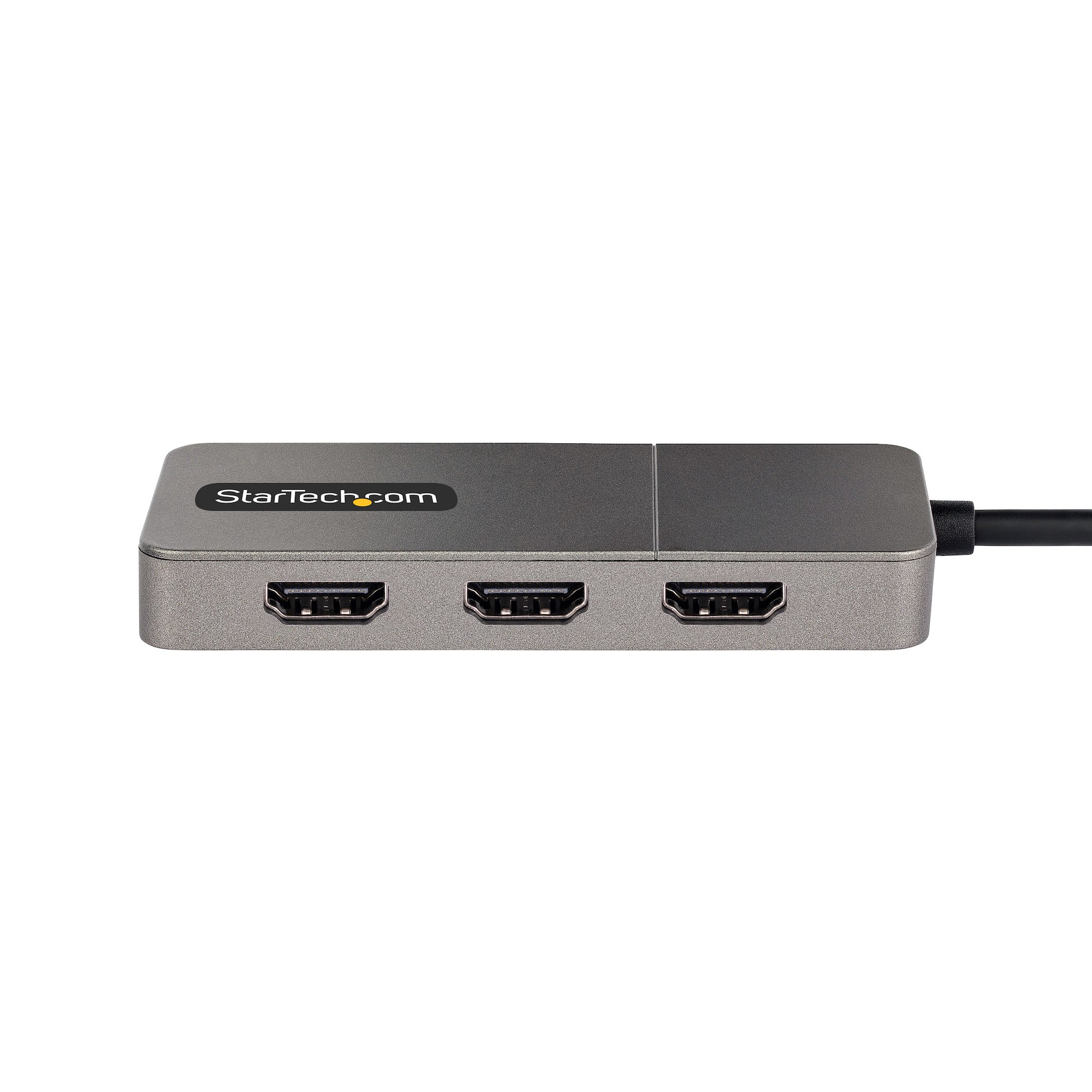 Ein grauer HDMI-Splitter mit drei Anschlüssen, ein schwarzes Kabel ist angeschlossen. Das StarTech.com-Logo ist sichtbar.