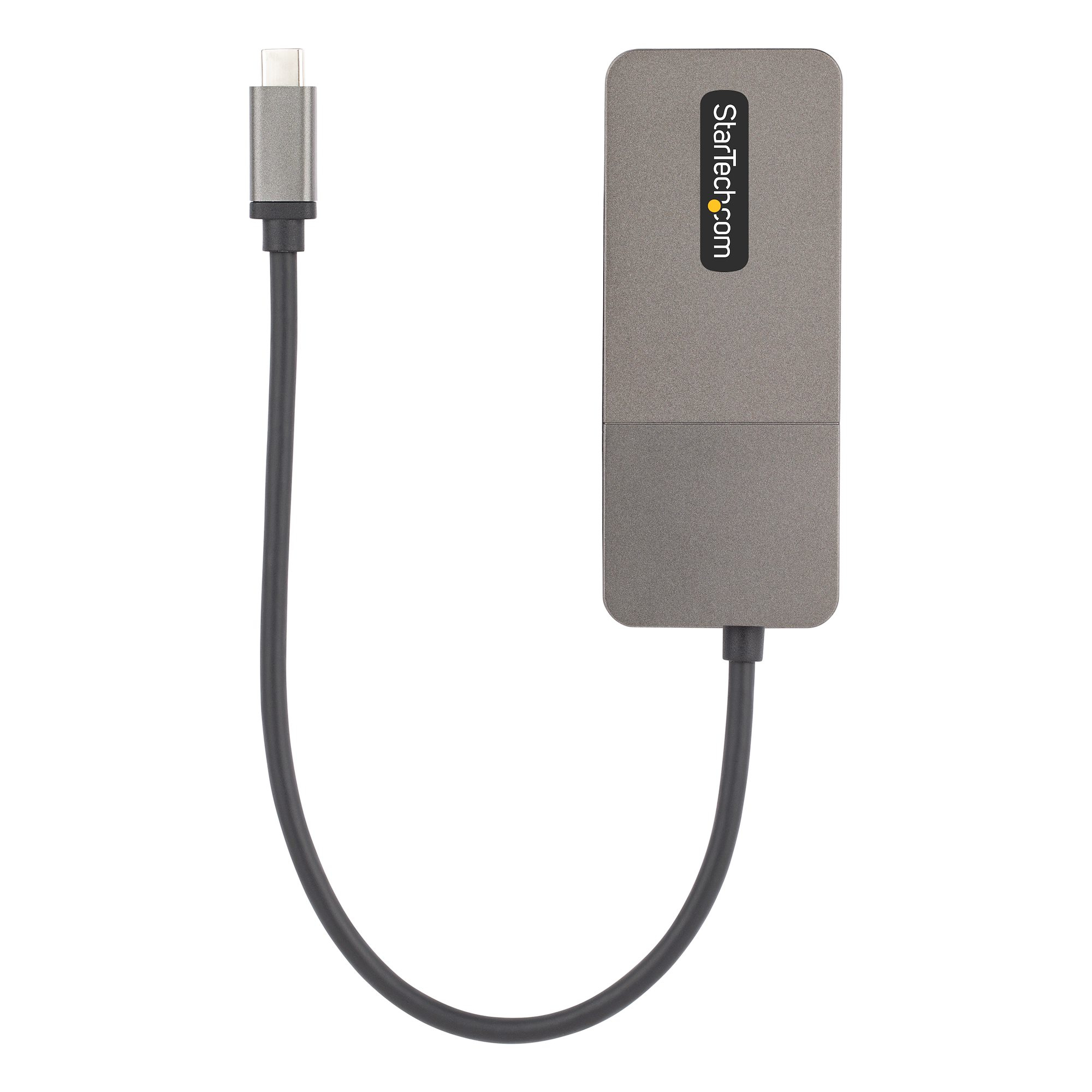 Ein grauer StarTech.com USB-C-Adapter mit angeschlossenem Kabel, vor weißem Hintergrund.