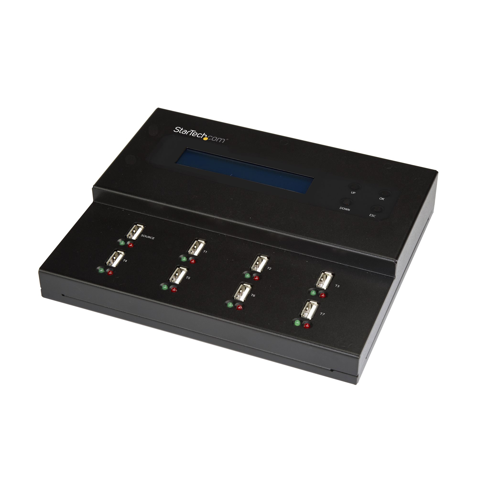 Ein schwarzer StarTech USB-Hub mit mehreren USB-Anschlüssen. Er hat ein Display und Bedientasten.