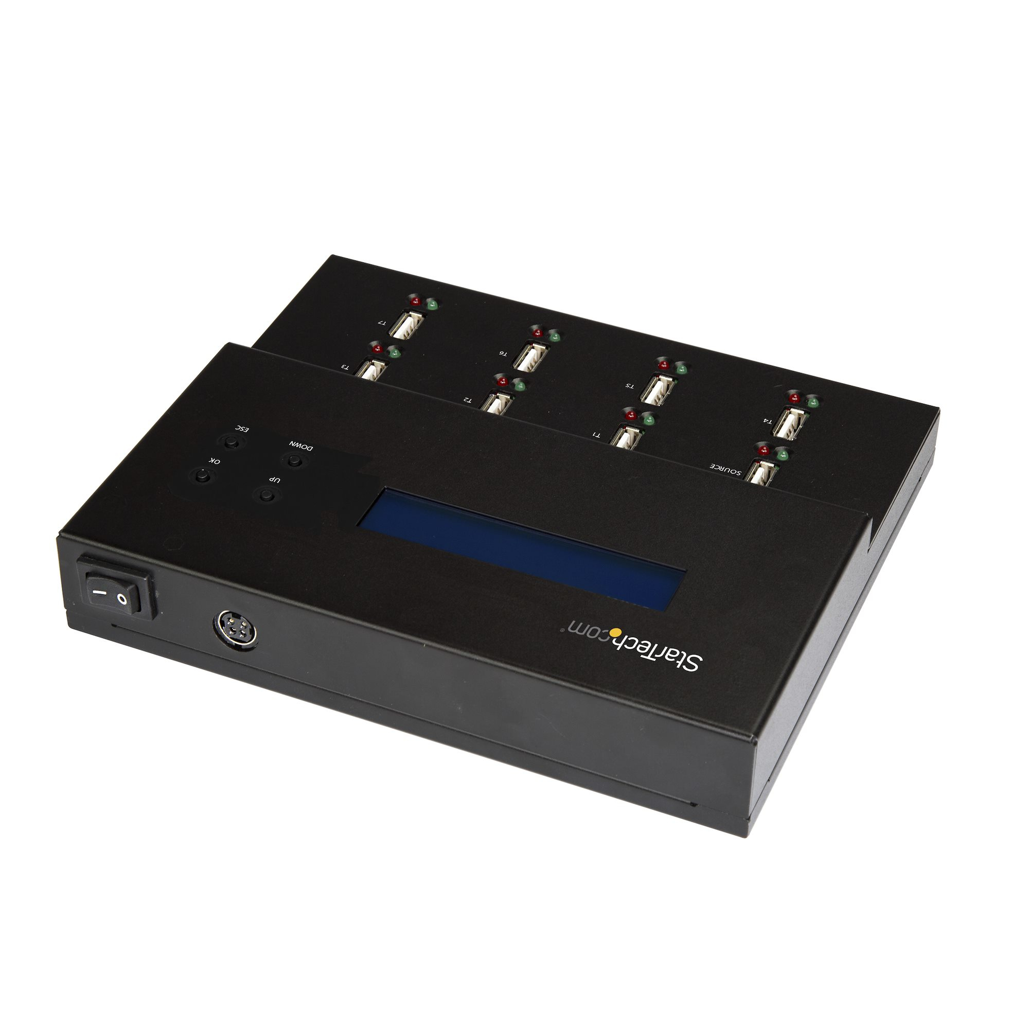 Ein schwarzes StarTech-Gerät mit mehreren USB-Anschlüssen, einem Ein-Aus-Schalter und einem kleinen Display.