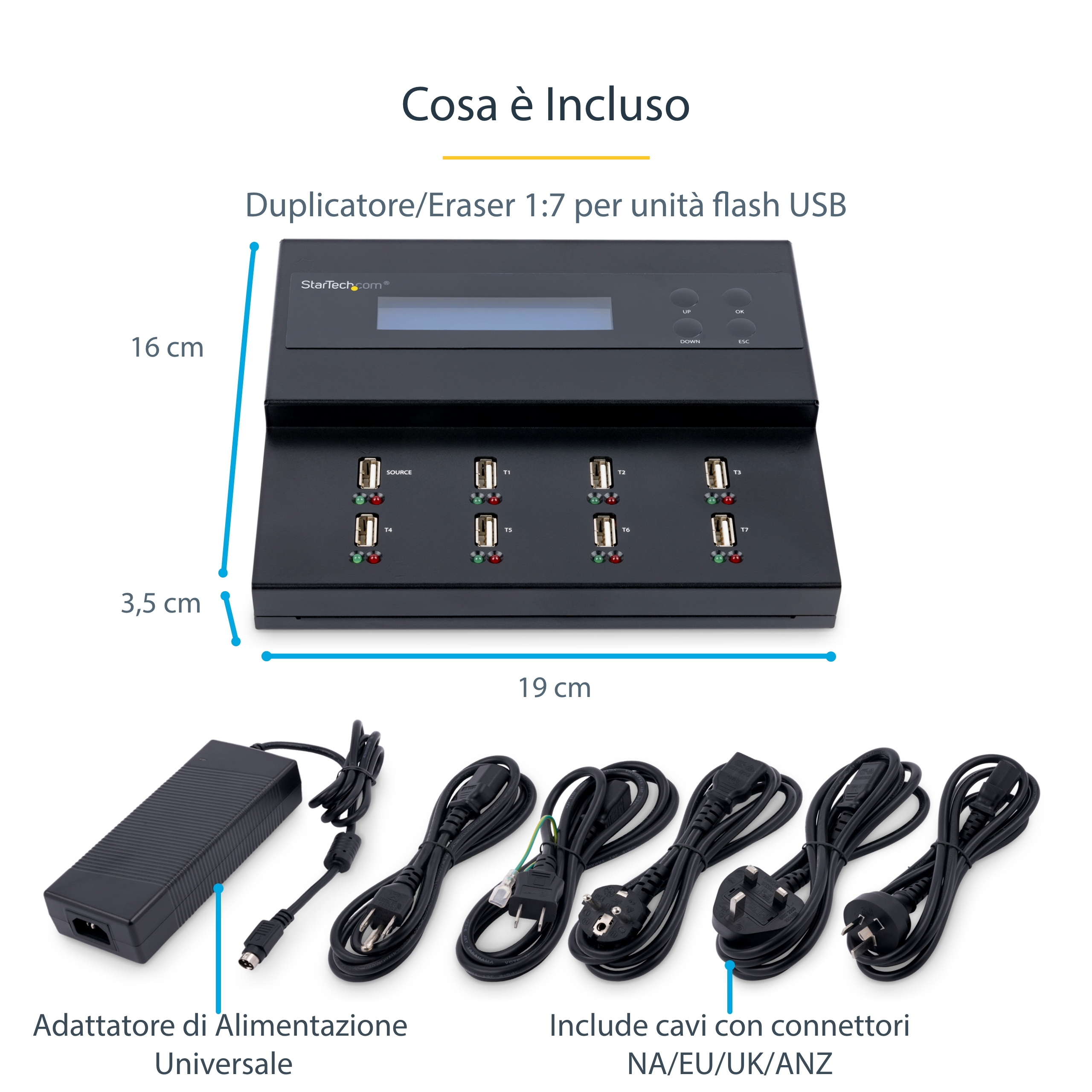 Schwarzer USB-Duplizierer mit Kabeln und Netzteil. Text auf Italienisch zeigt die enthaltenen Artikel.
