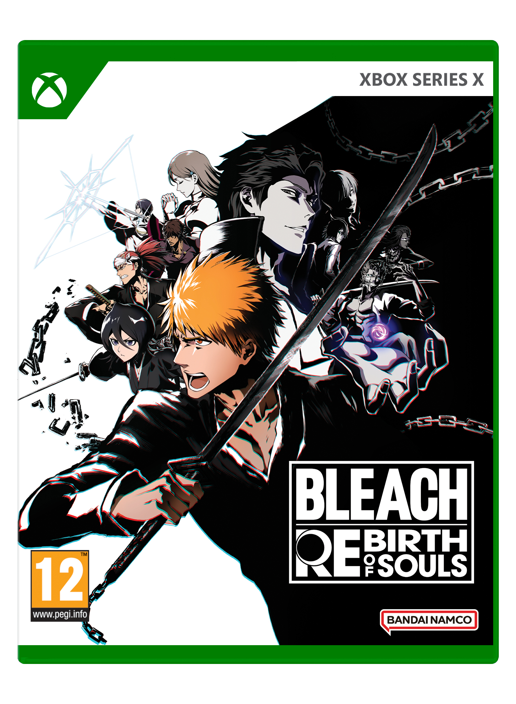 Xbox Series X-Spielcover. Anime-Charaktere mit Schwertern. Titel: Bleach: Birth of Souls. Orangehaarige Figur vorne, schwarzer Hintergrund.