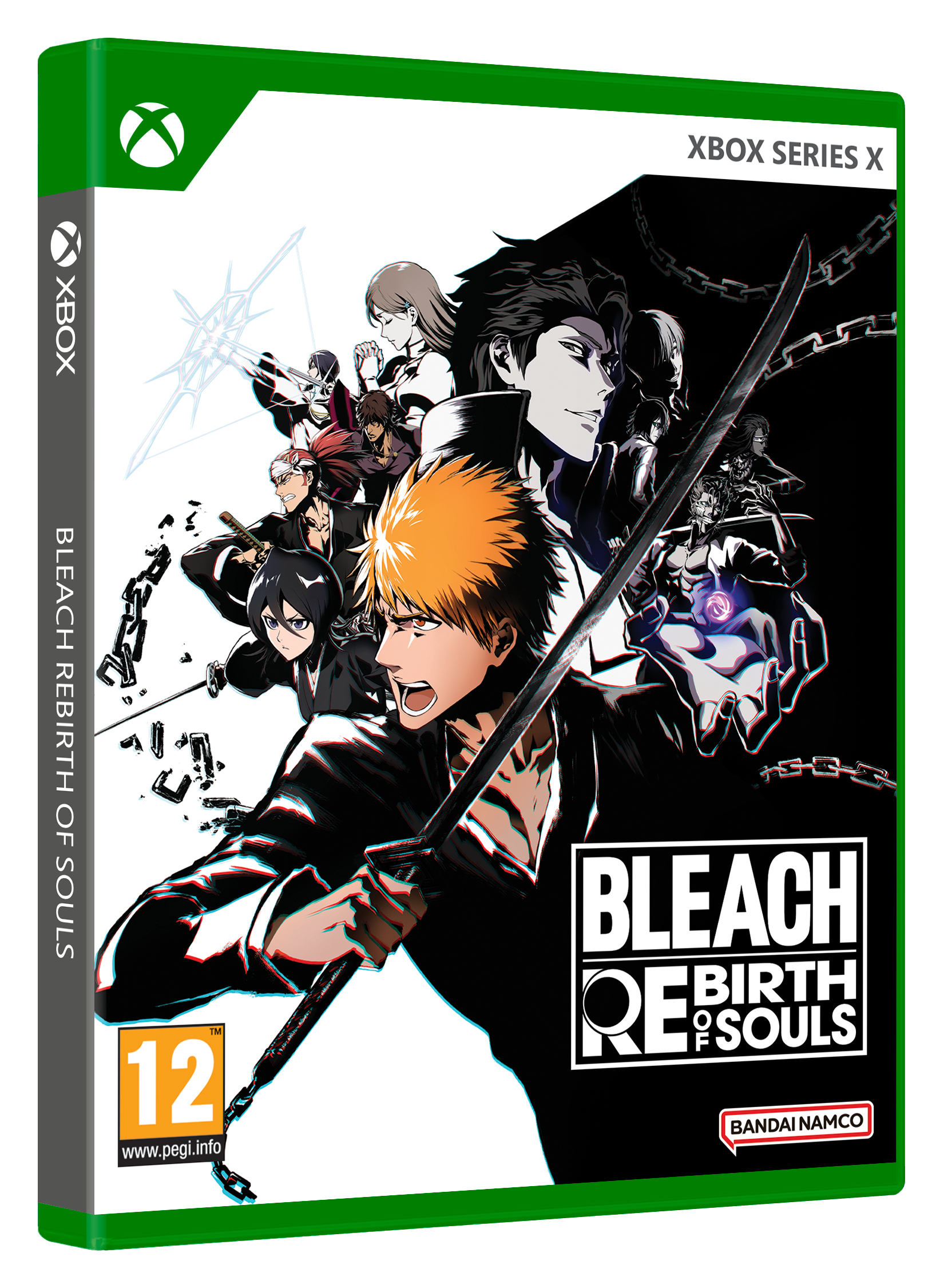 Xbox-Spielcover für Bleach: Rebirth of Souls. Enthält Anime-Charaktere mit Schwertern vor einem Schwarz-Weiß-Hintergrund.
