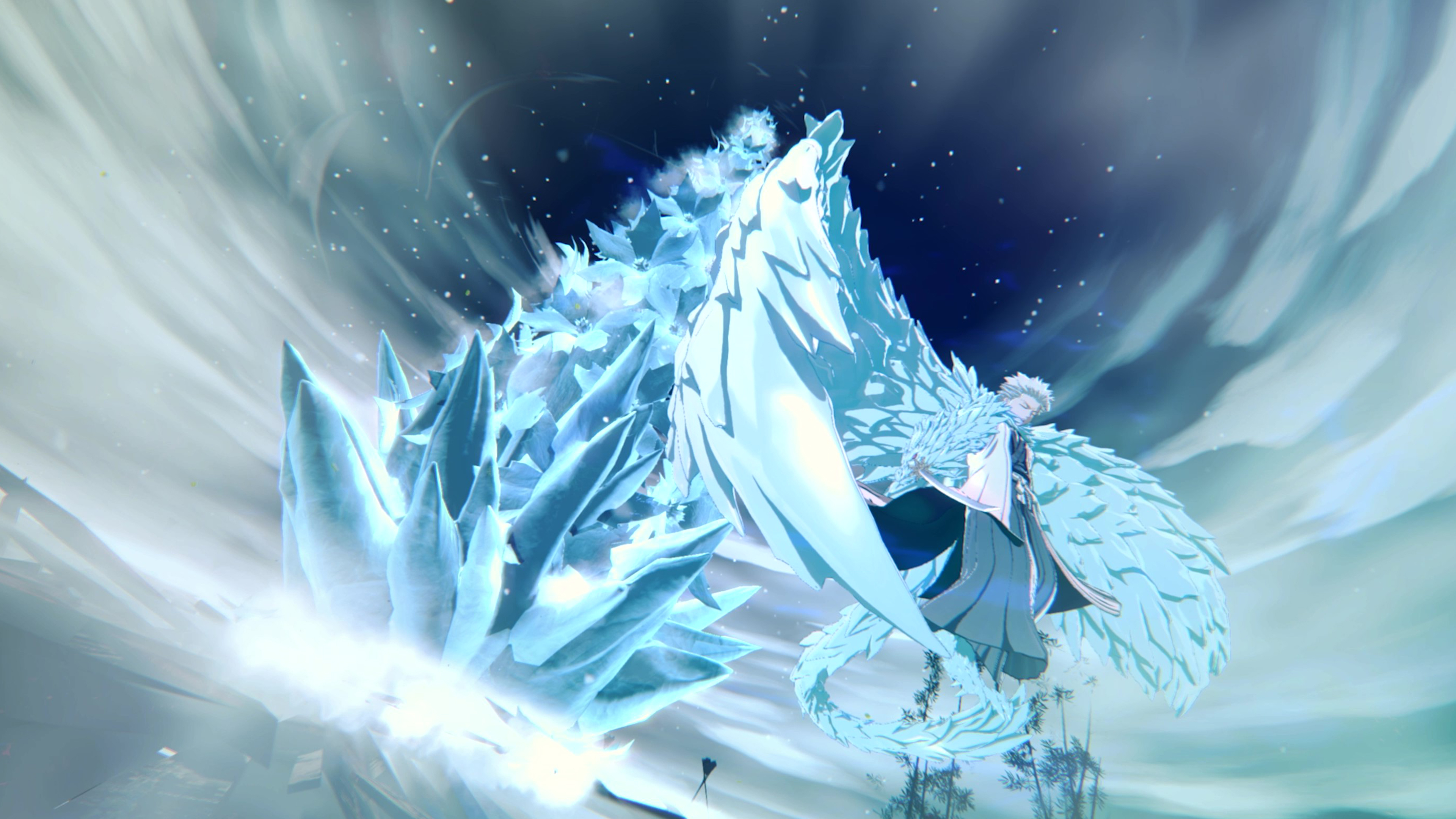 Ein Anime-Charakter, umgeben von Eis, mit großen Eisstrukturen im Vordergrund. Die Szene ist voller Wirbel und Licht.