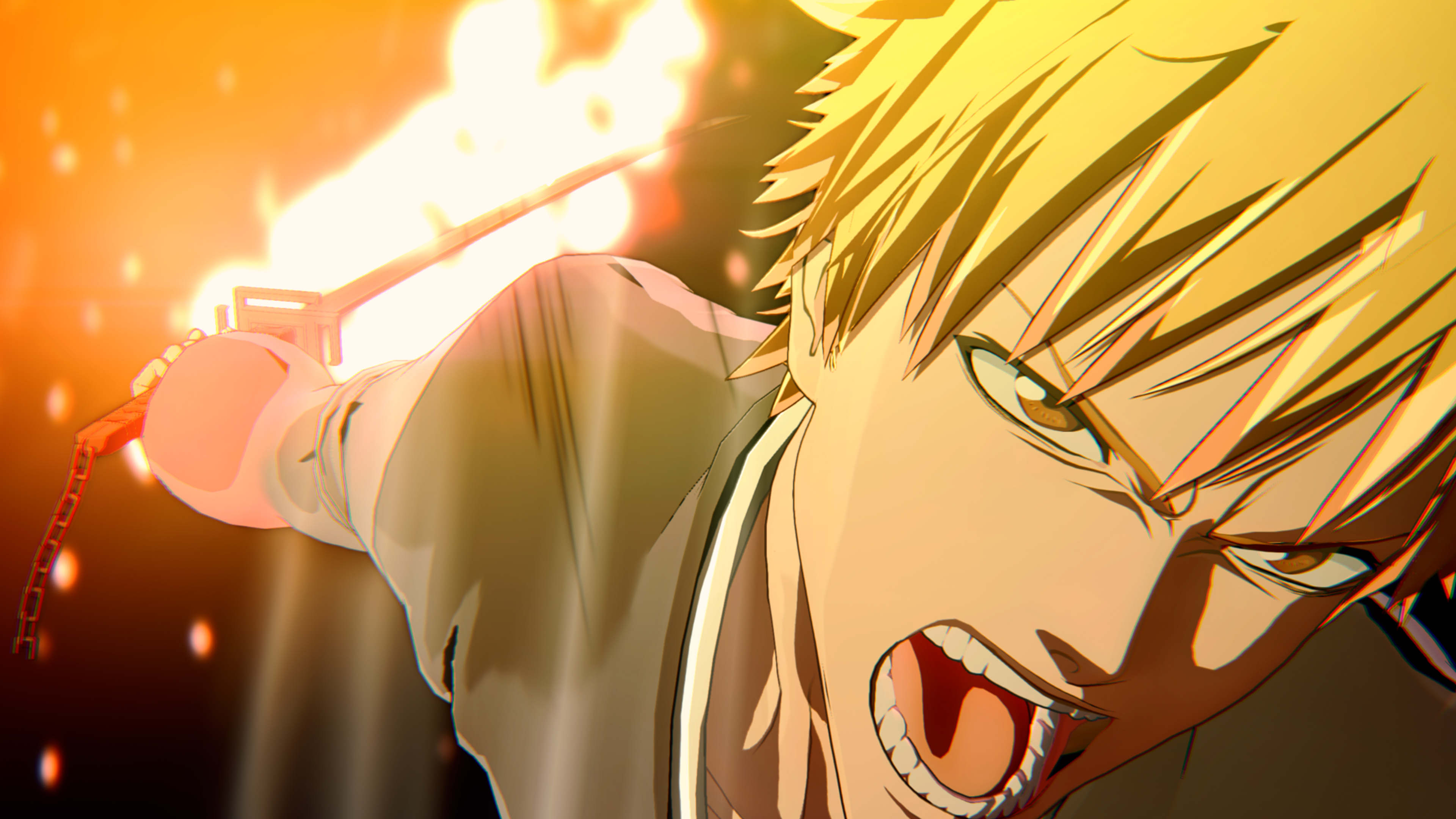 Anime-Figur mit blonden Haaren, offenem Mund und intensivem Ausdruck. Hält ein Schwert vor feurigem Hintergrund.