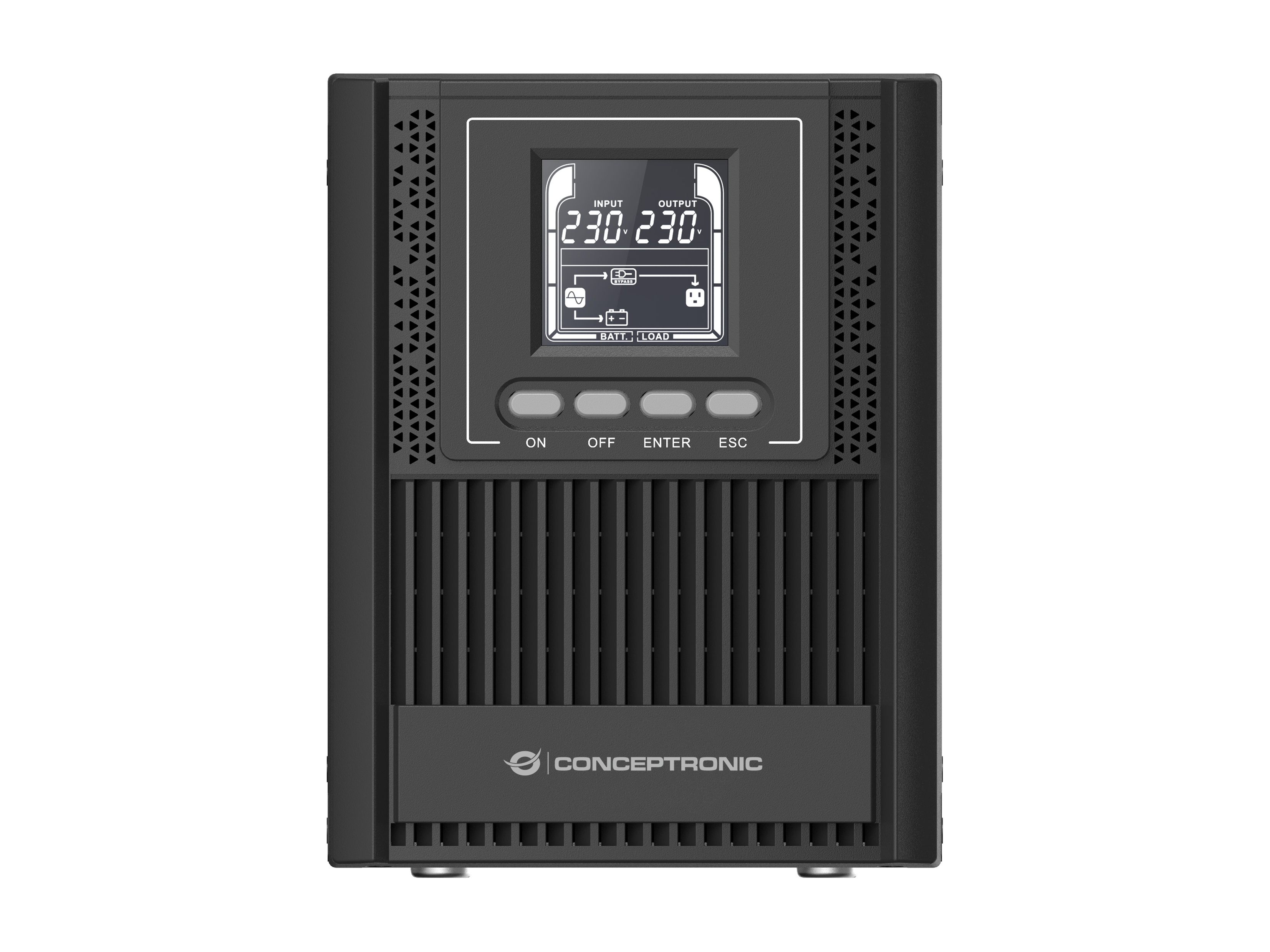 Ein schwarzes USV-Gerät mit Display, das Spannung anzeigt. Tasten: ON, OFF, ENTER, ESC. Markenname: CONCEPTTRONIC.