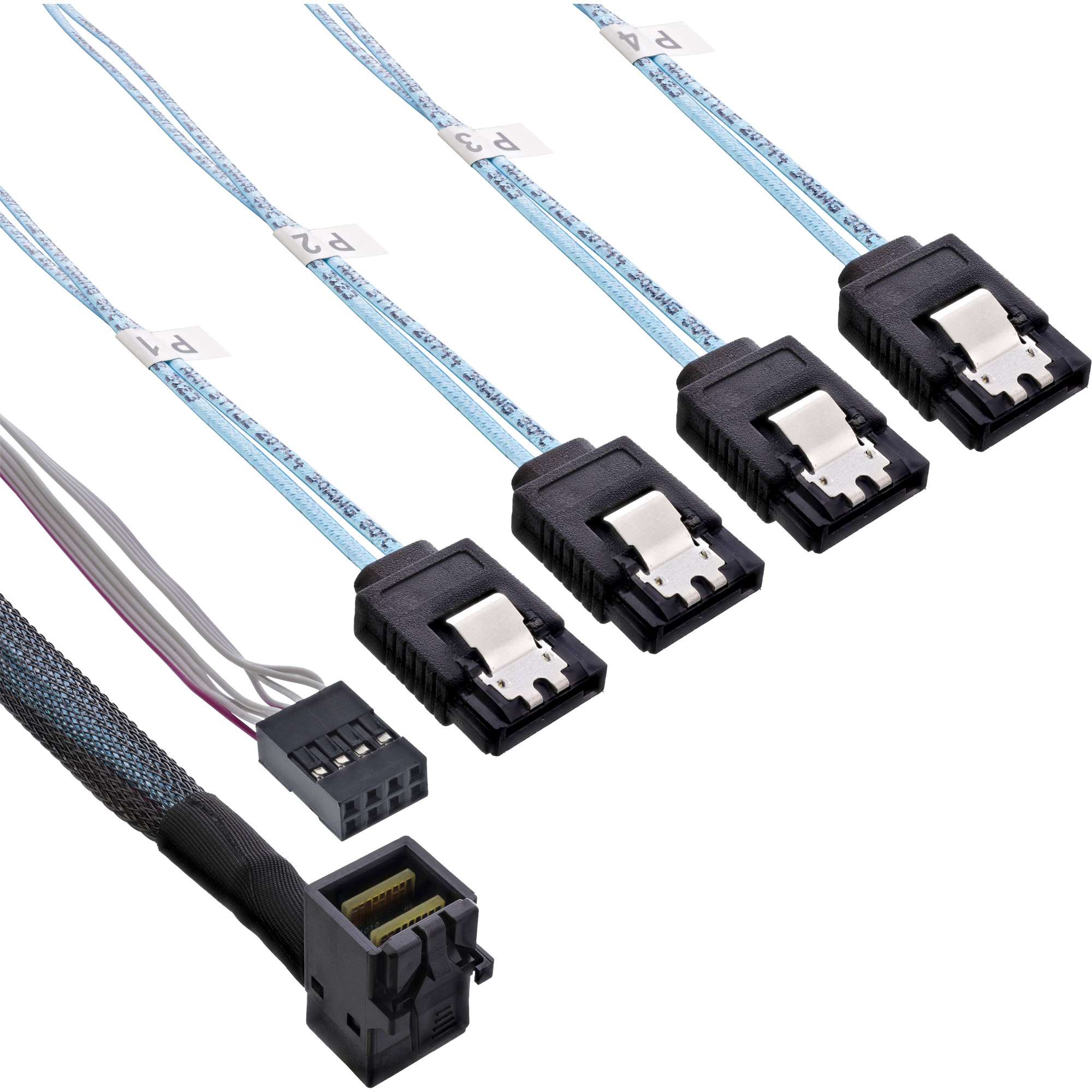 SATA-Kabel mit schwarzen Steckern und hellblauen Drähten. Kabel mit der Bezeichnung P1, P2, P3 und P4. Stecker sind schwarz.