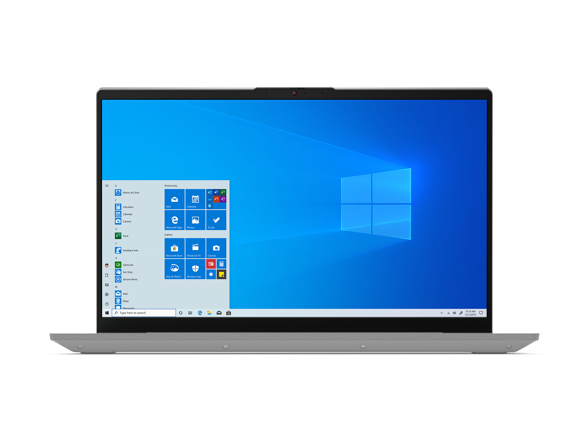 Laptop wyświetla interfejs Windows 10. Ekran pokazuje menu start i niebieskie tło z logo Windows.