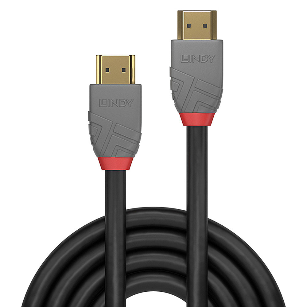 Zwei schwarze HDMI-Kabel mit grauen und roten Steckern. Goldfarbene HDMI-Anschlüsse. Die Kabel sind unten aufgerollt.