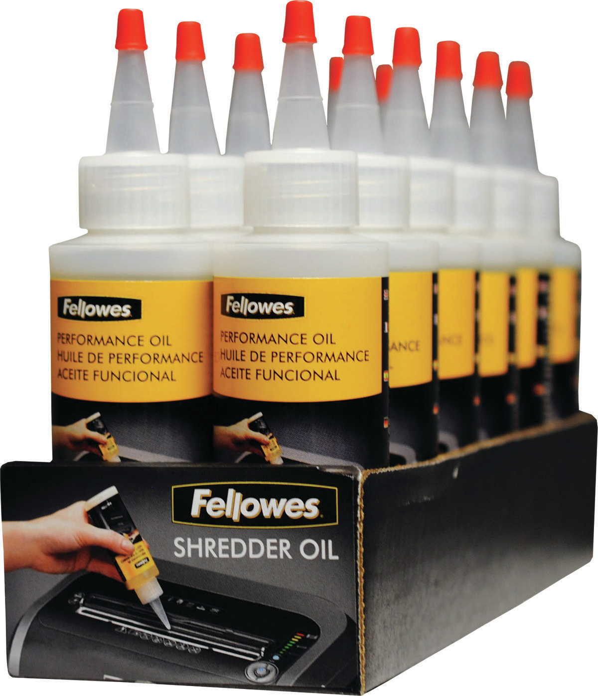 Una caja expositora de botellas de aceite para trituradoras Fellowes. Cada botella es blanca con una etiqueta amarilla y tapa naranja. La caja es negra.