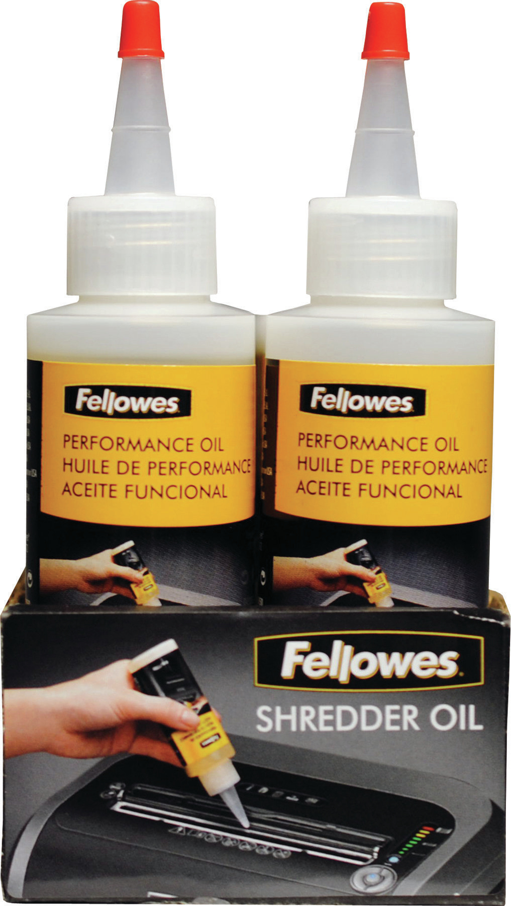 Dos botellas de aceite de rendimiento Fellowes con tapas rojas, encima de una caja de aceite para trituradoras, y una mano aplicando el aceite.