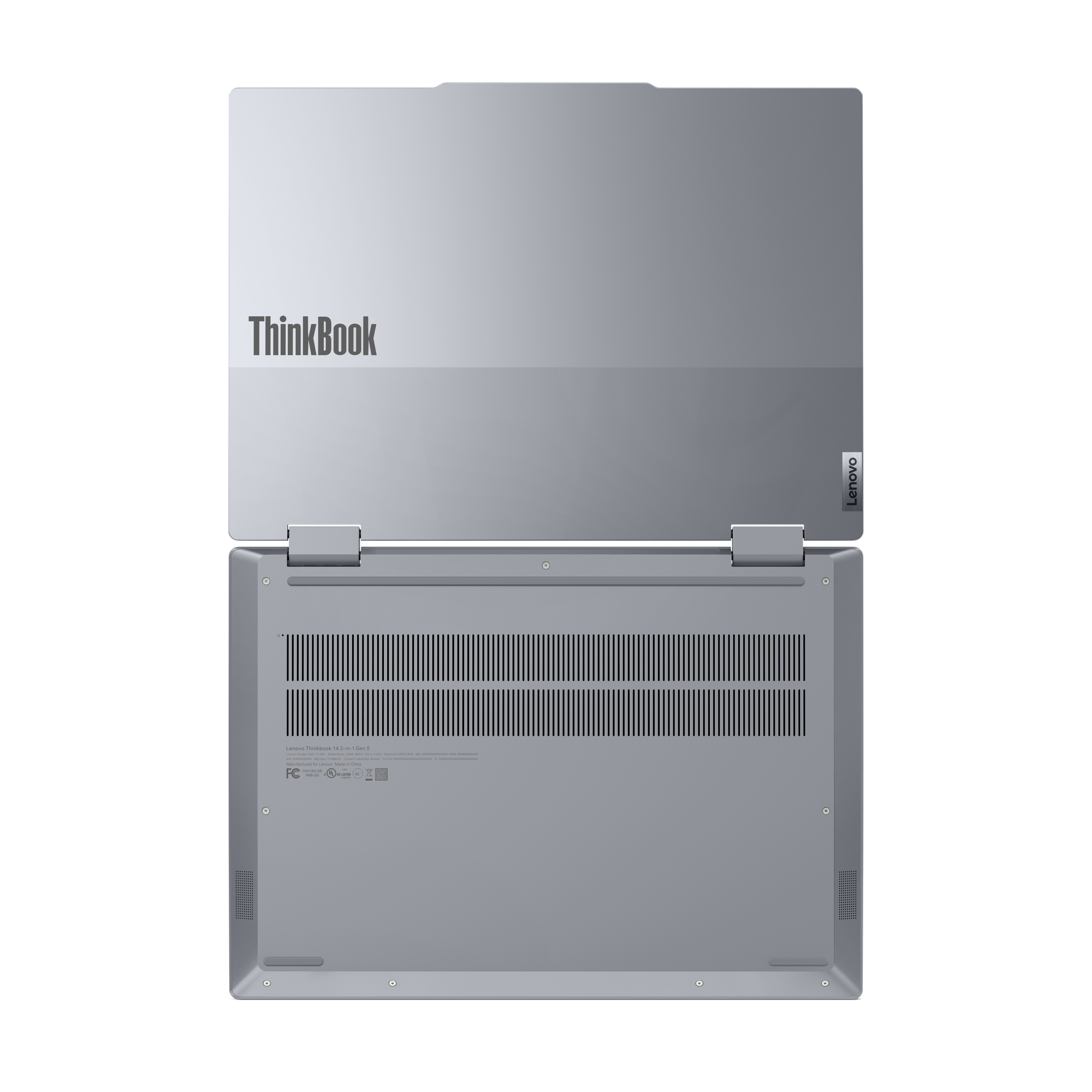 Ein grauer Lenovo ThinkBook-Laptop, in einem Winkel geöffnet. Das ThinkBook-Logo ist sichtbar.