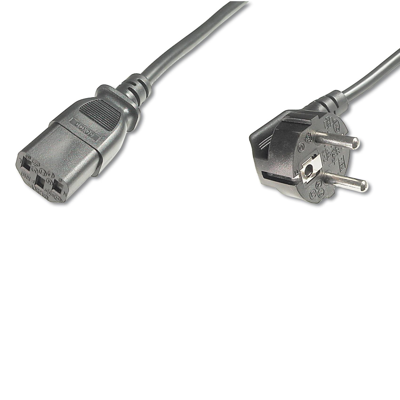 Un cable de alimentación gris con un conector C13 y un enchufe Schuko sobre un fondo blanco. El cable está en ángulo.